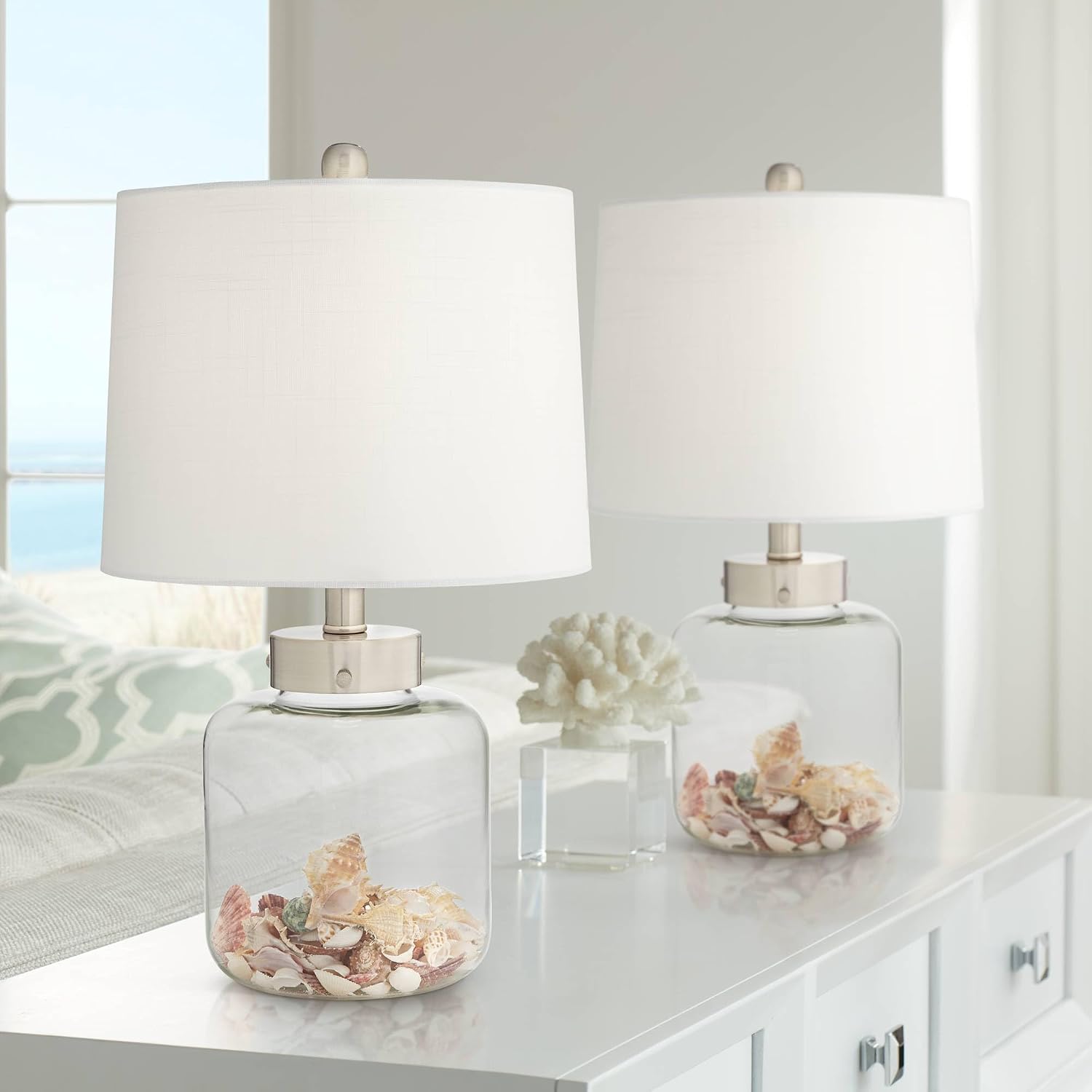 360 Lighting Country Coastal Small Accent Table Lamps 20.5' High Set of 2 Clear Glass Fillable Shells White Drum Shade Decor for Living Room Bedroom Beach House Bedside Nightstand Home