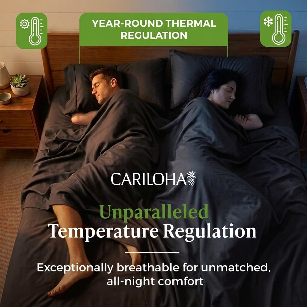 Cariloha Retreat 4-Piece Sateen Sheet Set | Black Sand | Queen | Lyocell Material | Breathable, Corner Straps, Extra Soft & Cooling