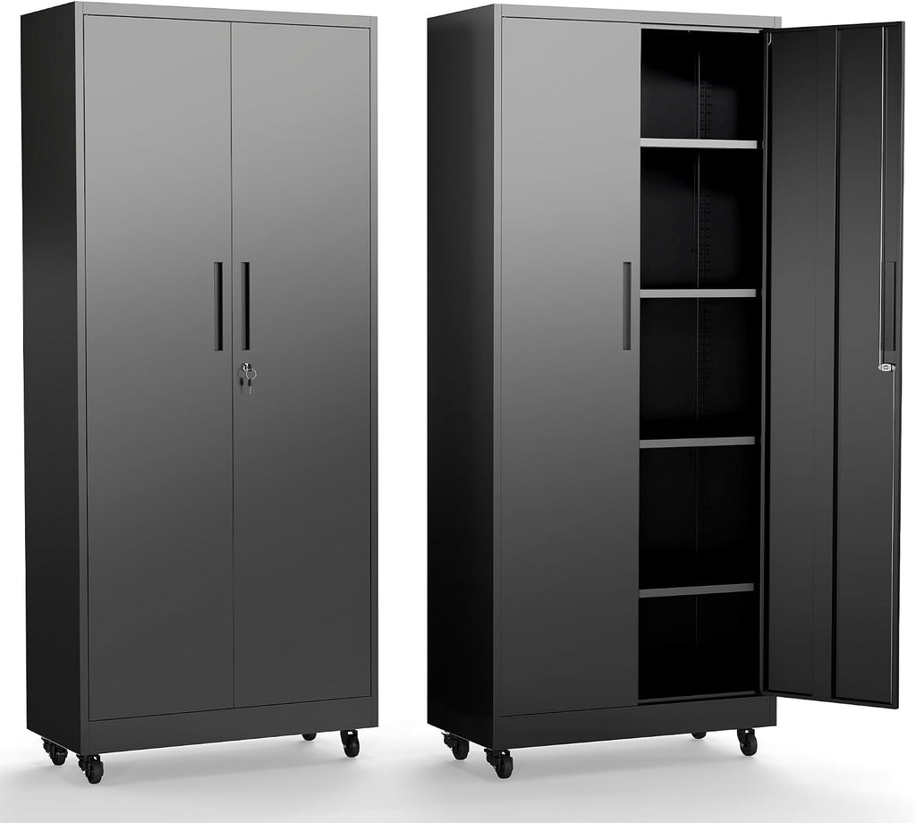 Metal Storage Cabinet with Doors and Adjustable Shelves, 73' Steel Garage Storage Cabinets with Wheels, Locking Tool Cabinet Utility Cabinets for Garage,Bathroom,Kitchen,Home Office,School
