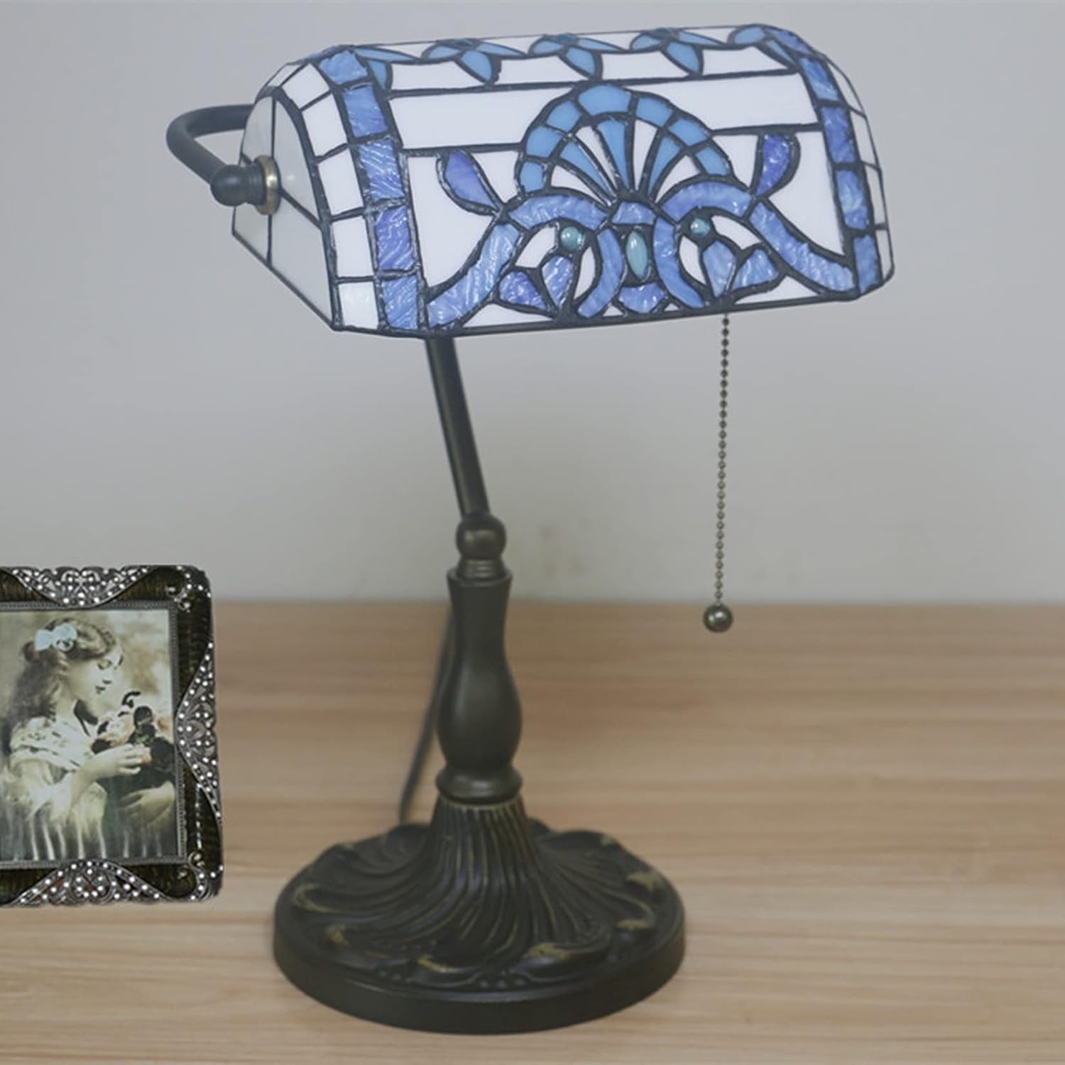 Tiffany Style Bankers Table Lamp Stained Glass Piano Desk Lamp Vintage Bedroom Bedside Lamp for Study,Antique Alloy Base,Zipper Switch,Blue Baroque