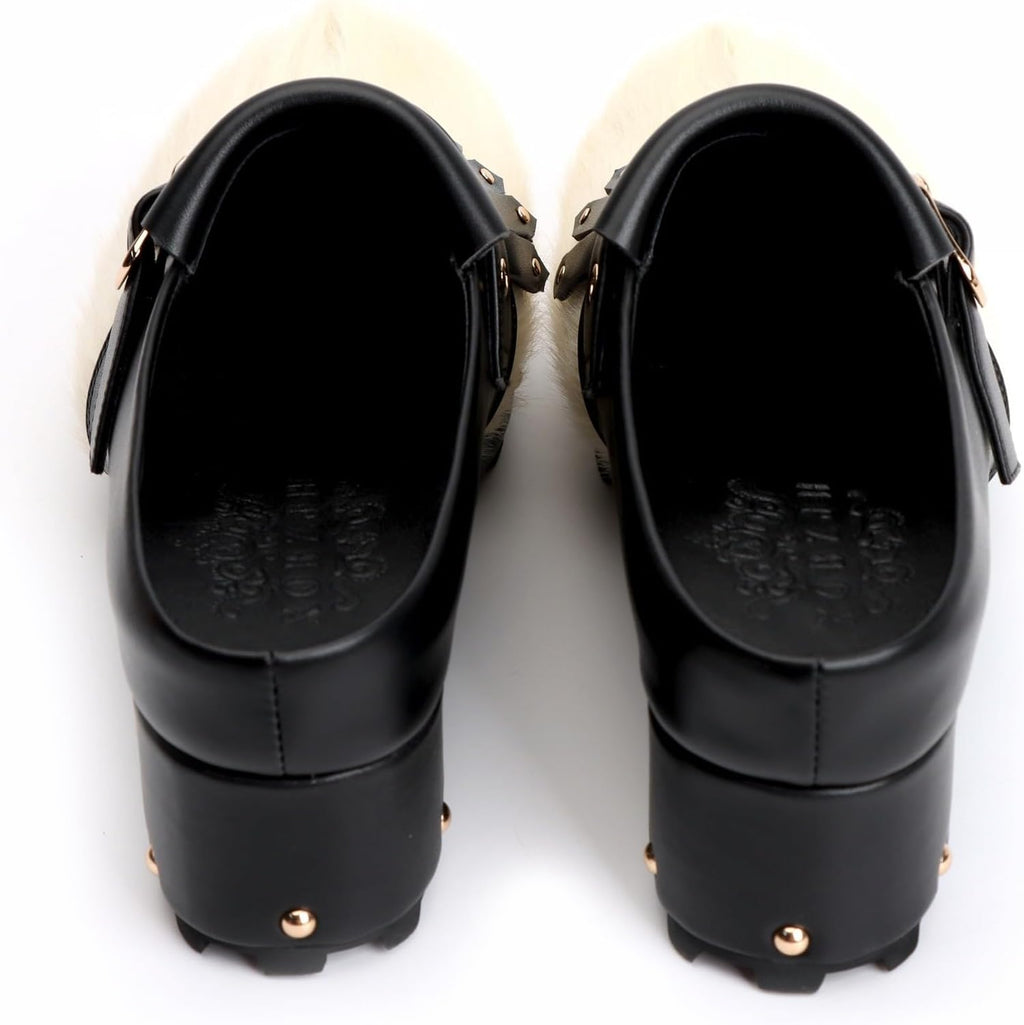 XOBZJH Women's Cowhide Platform Clogs – Calf Hair & Leather Patchwork Mules with Rivets, Arch Support, Memory Foam Insole, Chunky Western Mules for All-Day Comfort