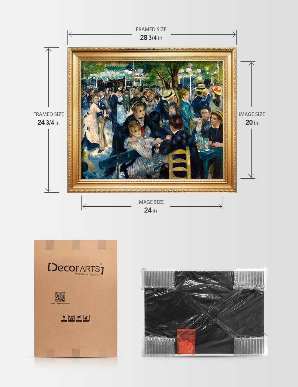 DECORARTS - Bal du Moulin de la Galette by Pierre -Auguste Renoir Art Reproduction. Solid Wooden Frame Matching with Giclee Prints Canvas Wall Art. Total Size: W 29' x H 25'