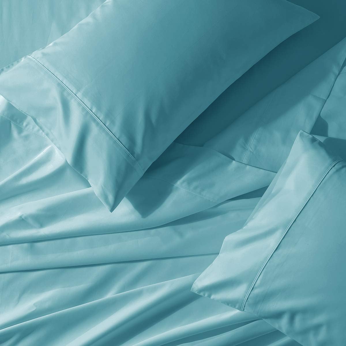 Solid 300-Thread-Count, 100-Percent Cotton Percale, Breathable Crispy Split-Top-California-King Sheets Set for Adjustable Beds, Aqua Sky