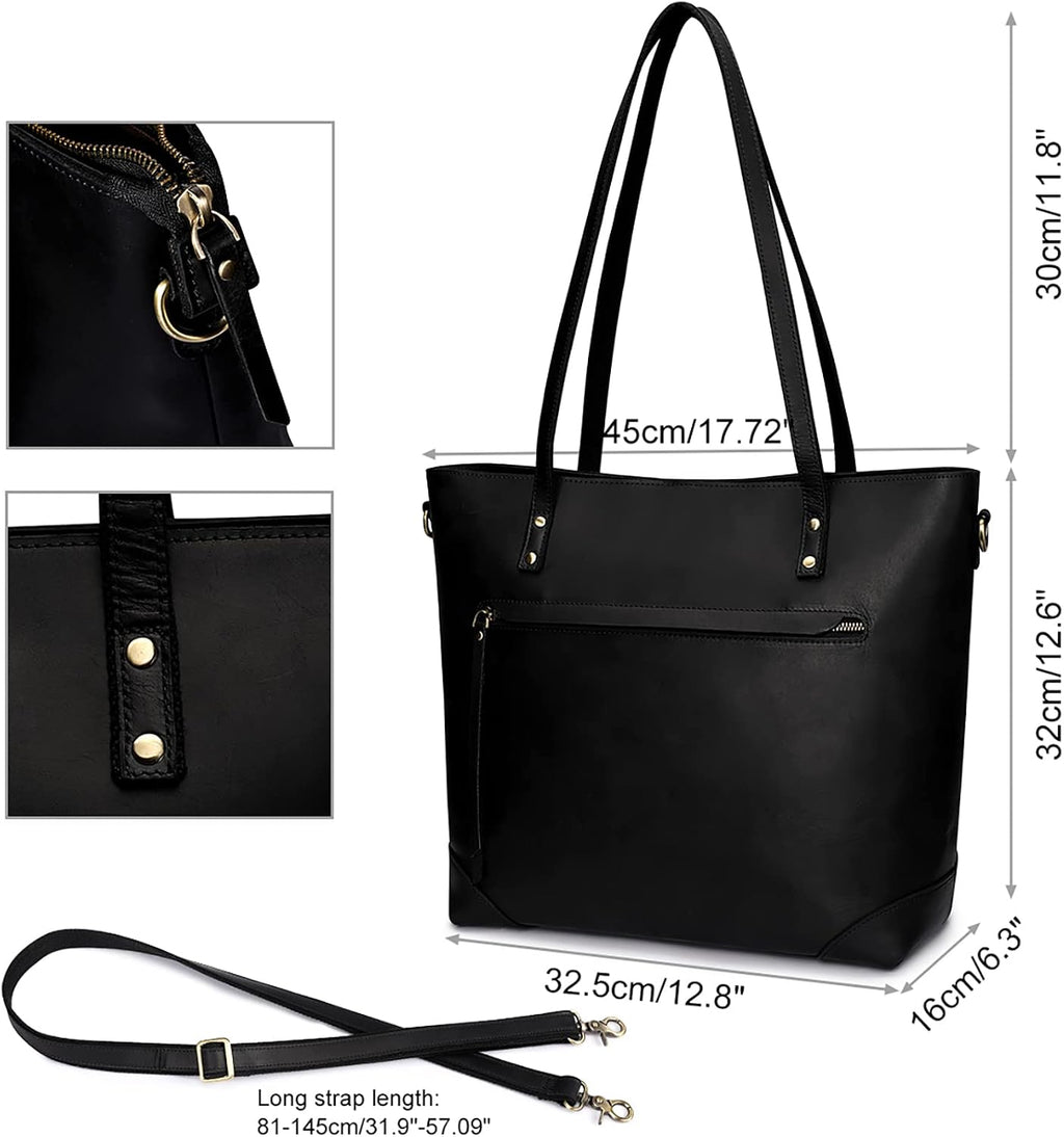 S-ZONE Vintage Genuine Leather Shoulder Bag Work Totes for Women Purse Handbag with Back Zipper Pocket Large