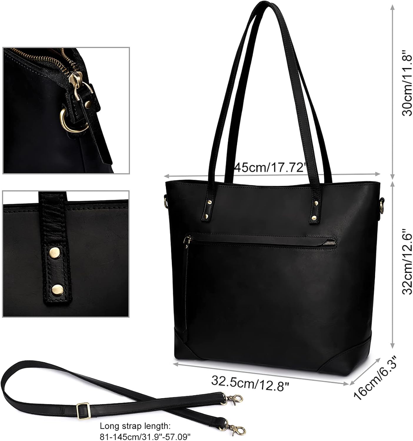 S-ZONE Vintage Genuine Leather Shoulder Bag Work Totes for Women Purse Handbag with Back Zipper Pocket Large