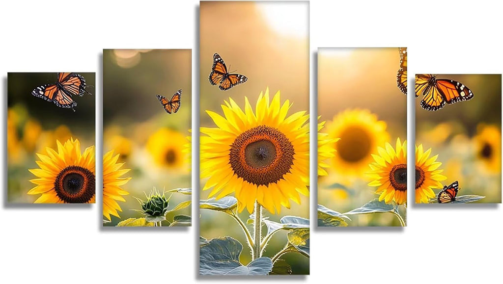 Butterfly Diamond Art 5 Piece Diamond Painting Sunflower 5D Full Square Drill Dimond Art Paintings Crystal Crafts for Adults Gem Painting for Home Decor, Large Artwork for Wall 60 x 120 Inch, Model366