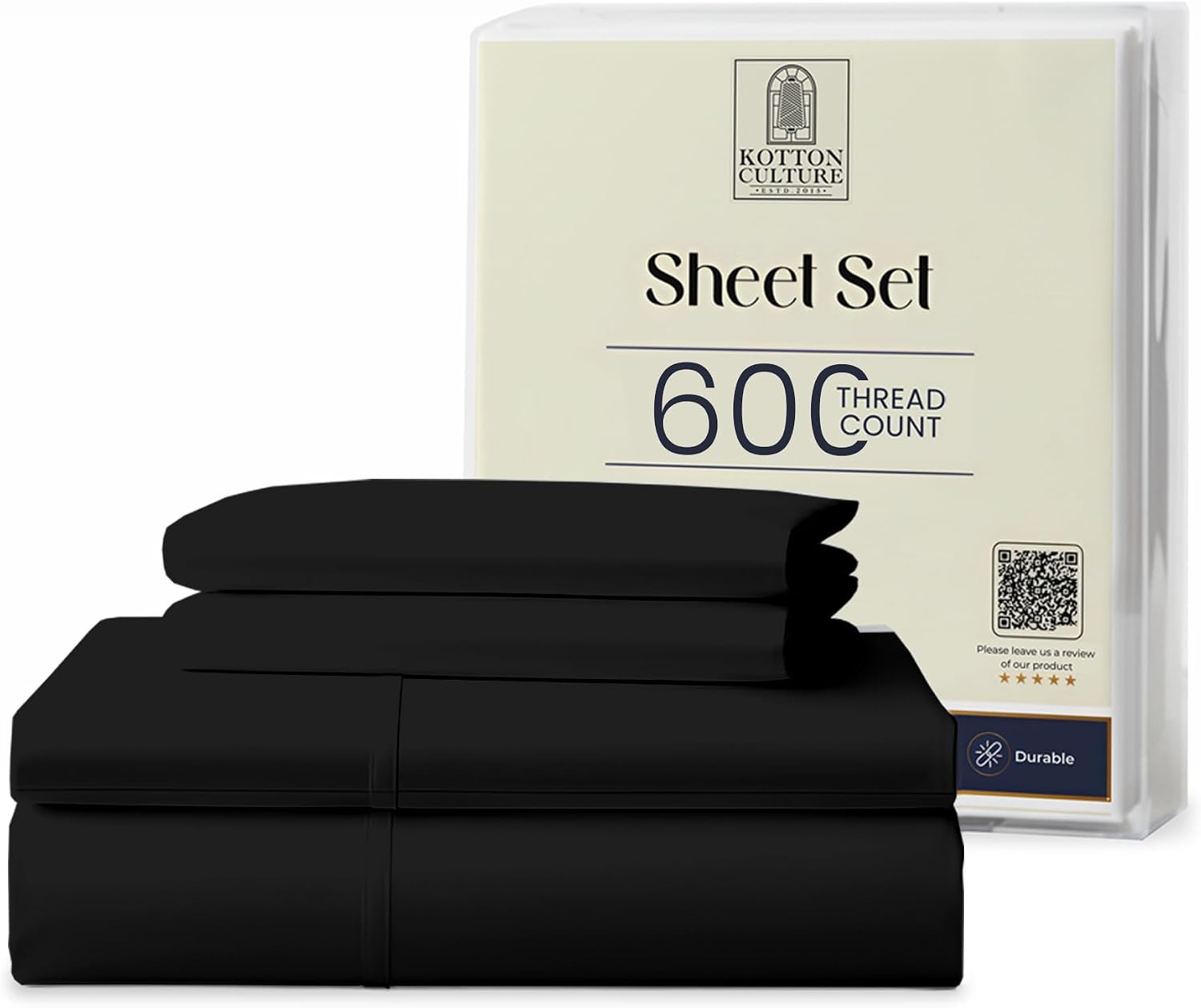 Kotton Culture Bed Sheets 4 Piece 100% Egyptian Cotton 600 Thread Count Soft Crisp Cooling Cotton Luxury Hotel Sheets Thick with 16' Inch Deep Pocket Snug Fit Smooth Sateen Weave (Black,Alaskan King)