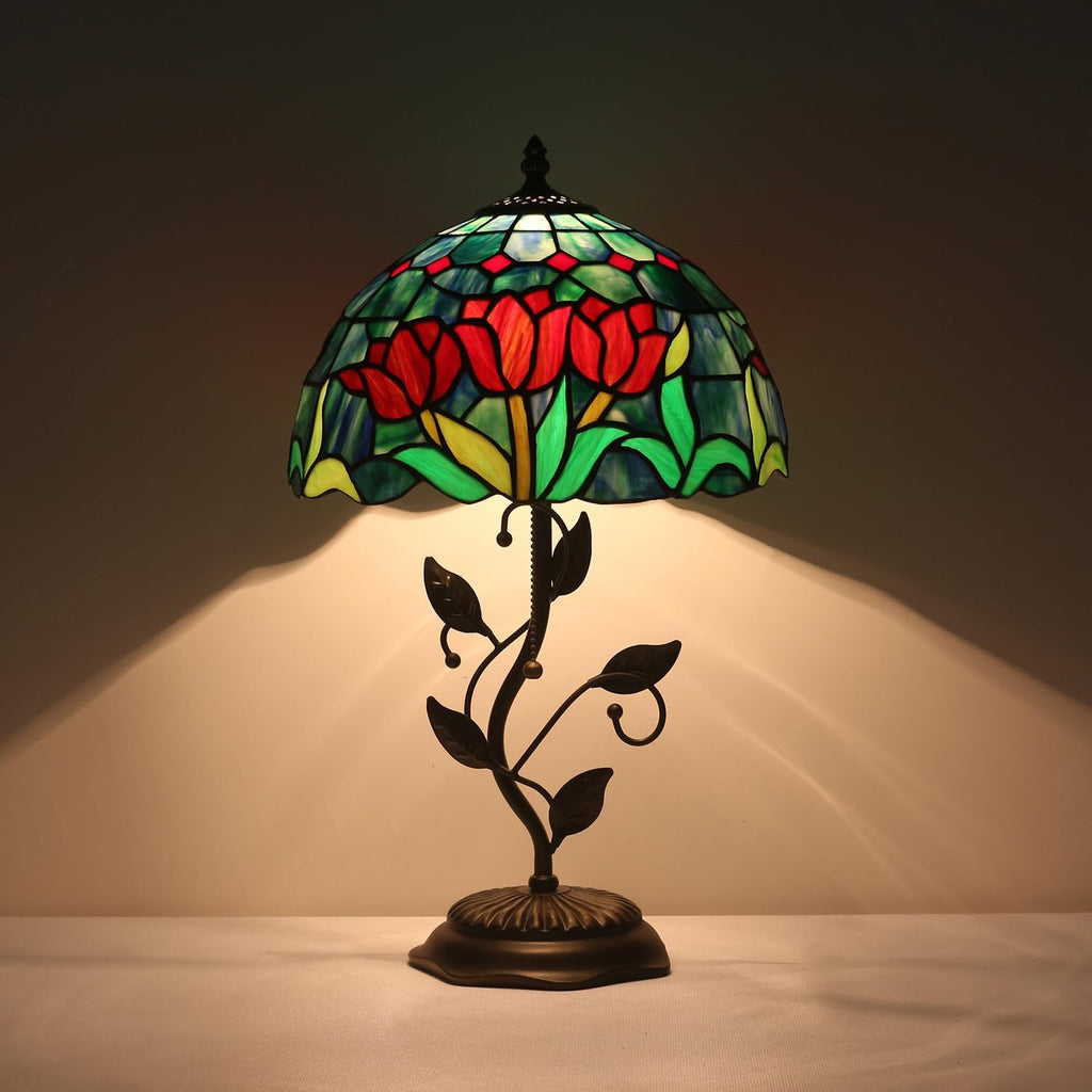 Tiffany Table Lamp, Stained Glass Tulip Design, with Metal Leaf Base, 12x12x19 Inch for Bedroom, Living Room, Home, Office