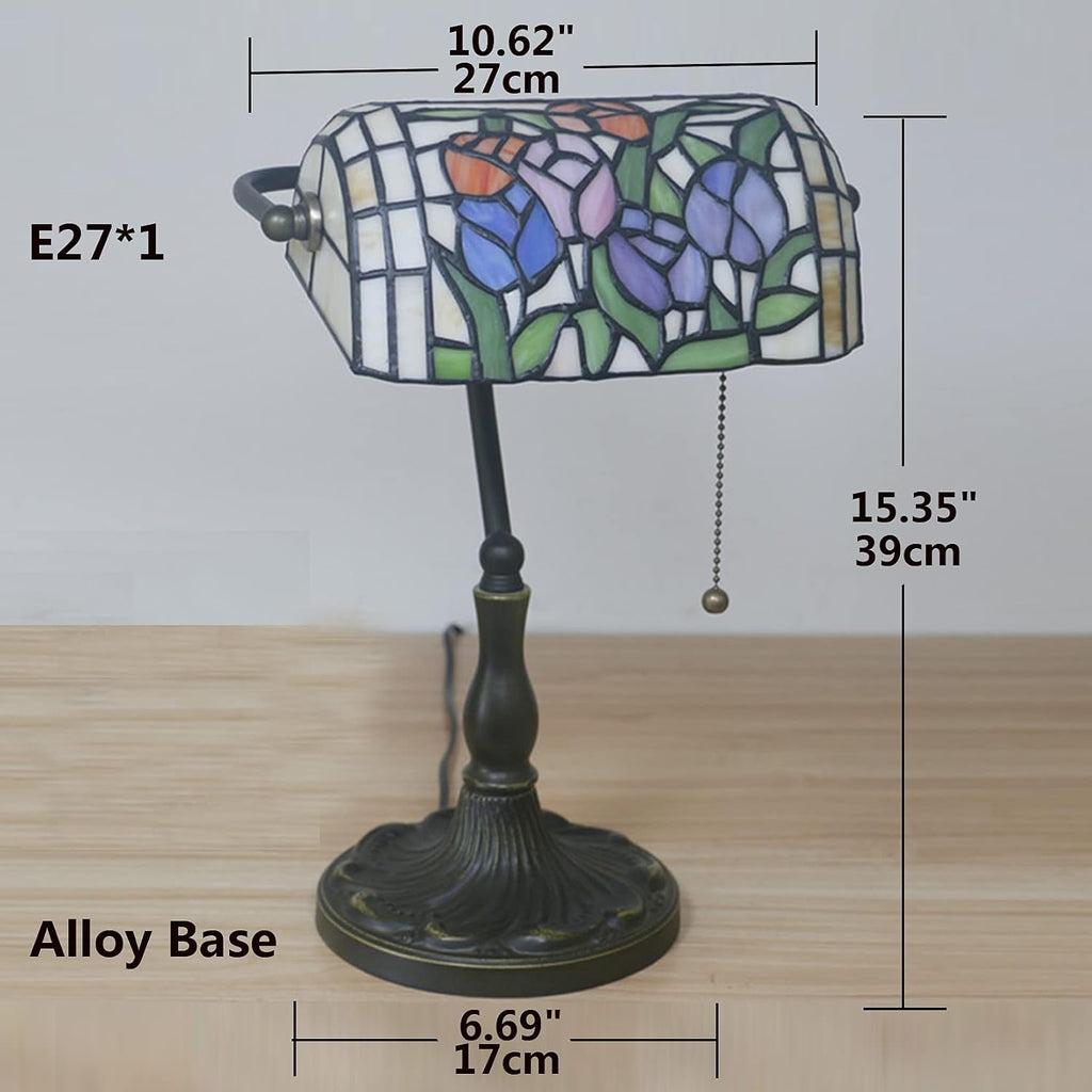 Tiffany Style Bankers Table Lamp Stained Glass Piano Desk Lamp Vintage Bedroom Bedside Lamp for Study,Antique Alloy Base,Zipper Switch,Tulip