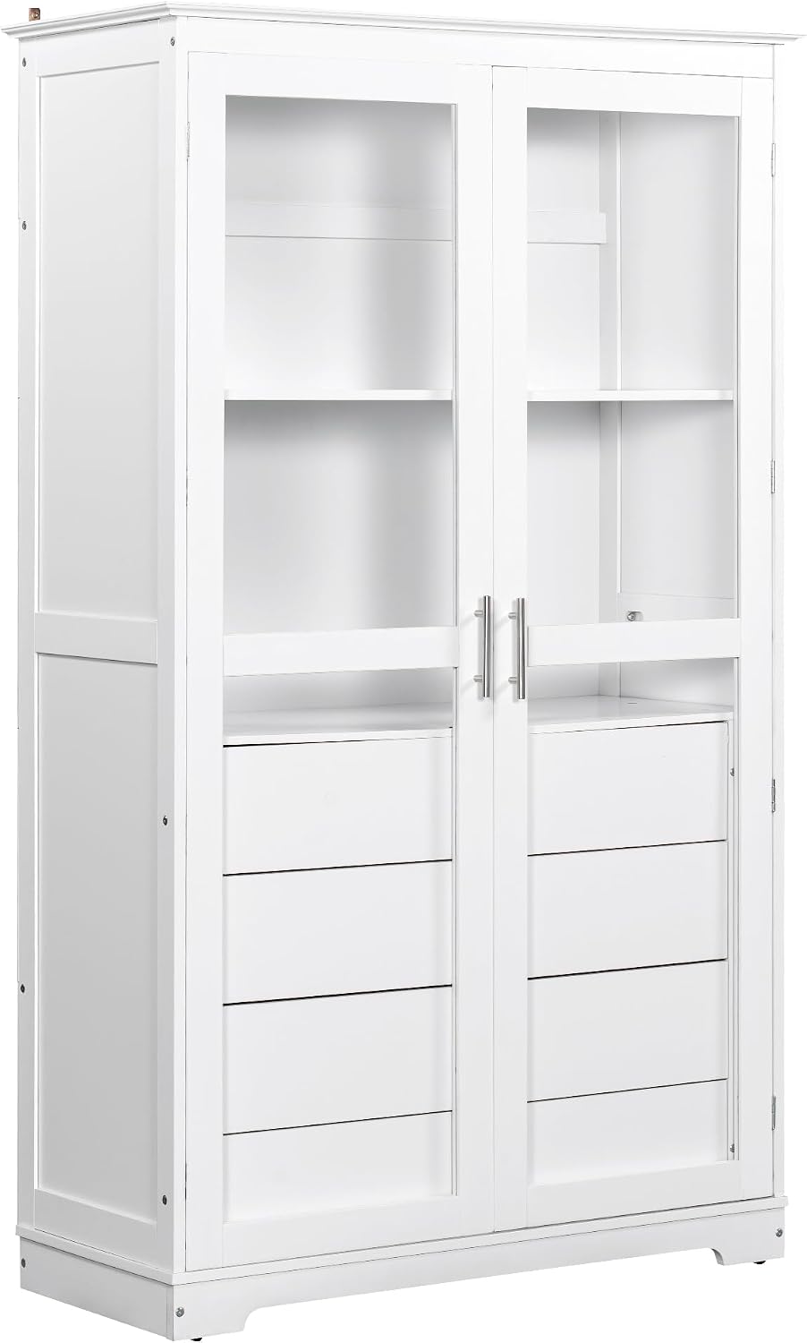 Modern 75inch Kitchen Pantry, Freestanding Kitchen Storage Cabinet Display Cabinet with Glass Doors and 4 Built-in Drawers for Living Room, Home Office (White-30r)