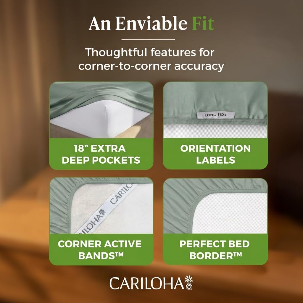 Cariloha Resort 100% Organic Bamboo Viscose Sheets - 4-Piece Queen Sheet Set - 18 in Extra Deep Pockets - Sateen Weave, Cooling, Hypoallergenic Luxury Sheets - Oeko-TEX Standard 100 - Ocean Mist