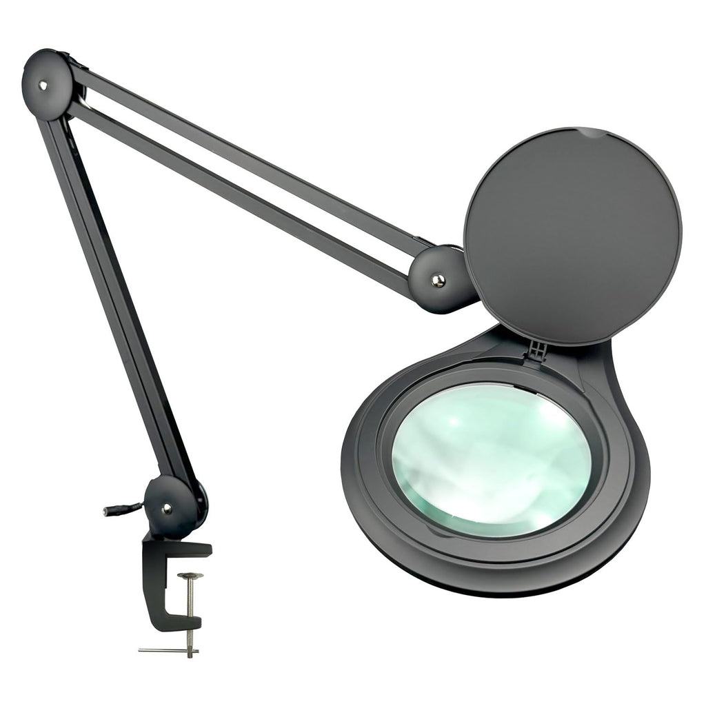 ESD Safe (Glass Lens) Professional LED Magnifying Lamp with Clamp (8 Diopter, 3X) Work Light, 4 Brightness Levels, Daylight Bright, 1200 Lumens, 5600K-6000K, Matte Black, BoliOptics MG16303322