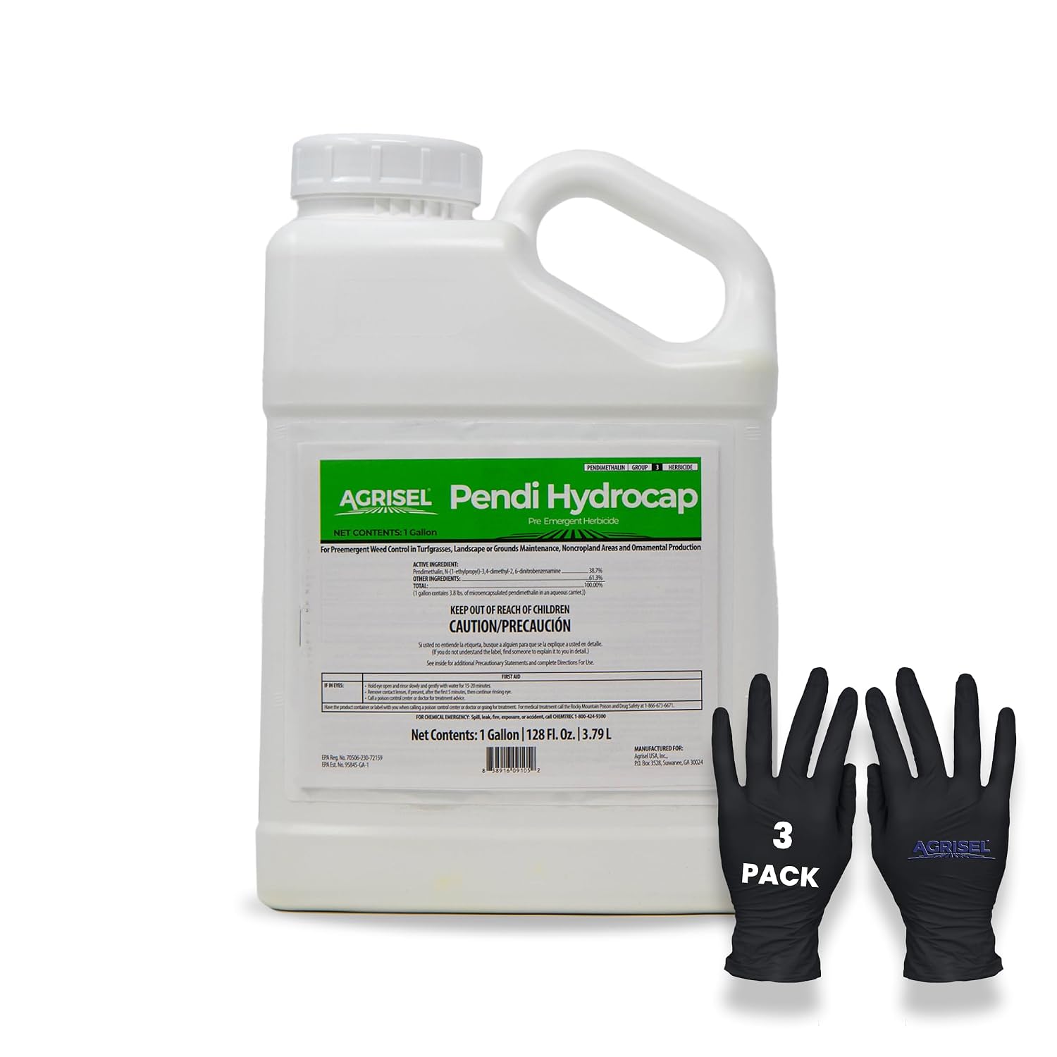 Agrisel Pendi Hydrocap Weed Killer, Pre-Emergent Formula, Effective on 40+ Broadleaf Weeds and Grasses, No-Stain, Mixes Easily, Pet Safe, Includes 3-Pack of Agrisel Protective Gloves, 128 Ounces