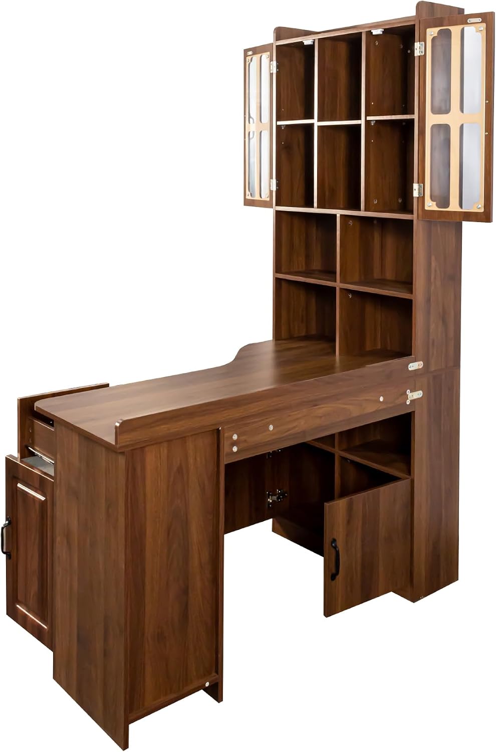 ZeHuoGe L-Shaped Corner Computer Desk for Home Office or Study Desk, Study Modern Style Table with Drawers, Bookshelf & Hutch, 2-in-1 L-Shaped Design, Large Working Space (Walnut)