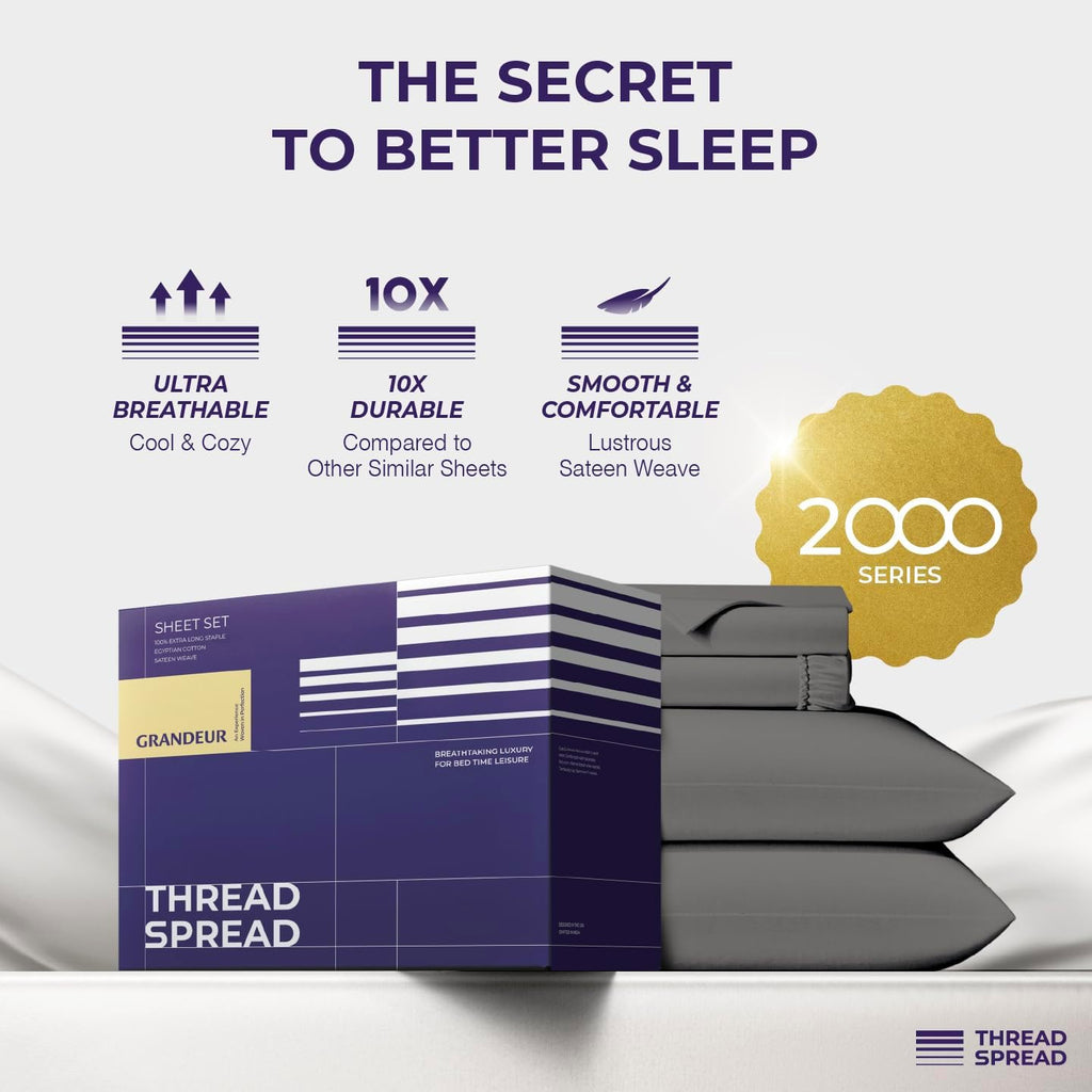 THREAD SPREAD 100% Egyptian Cotton King Sheet Set - 2000 Series Grandeur Collection Luxury Sheets King Size Bed Set (4 PC, Dark Grey) Soft Cooling Sateen 17 Inch Extra Deep Pocket Hotel Sheets