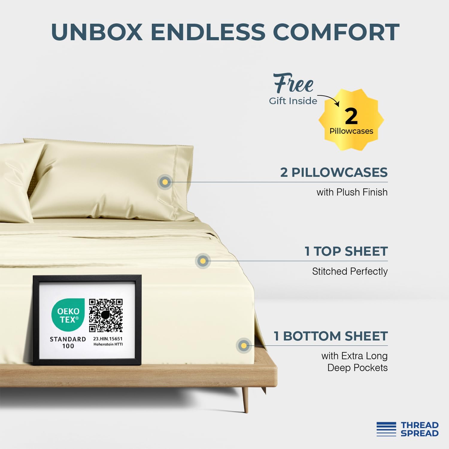 THREAD SPREAD 100% Egyptian Cotton King Size Sheets Set - Luxury 1500 Series Egyptian Cotton Sheets King Size (4 PC, Ivory), Silky Soft, Sateen Weave, Cooling & Breathable, 17' Deep Pocket Bed Set