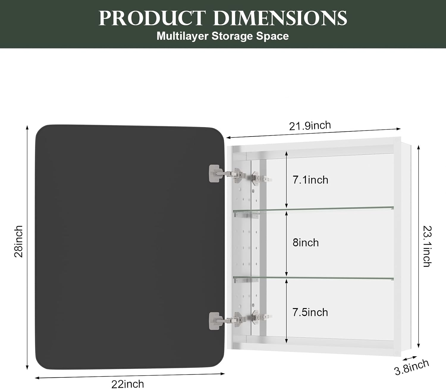 WallBeyond Bathroom 22x28 Inch Black Recessed Medicine Cabinet with Round Corner Aluminum Alloy Metal Framed, Single Door Modern Medicine Cabinet with Storage