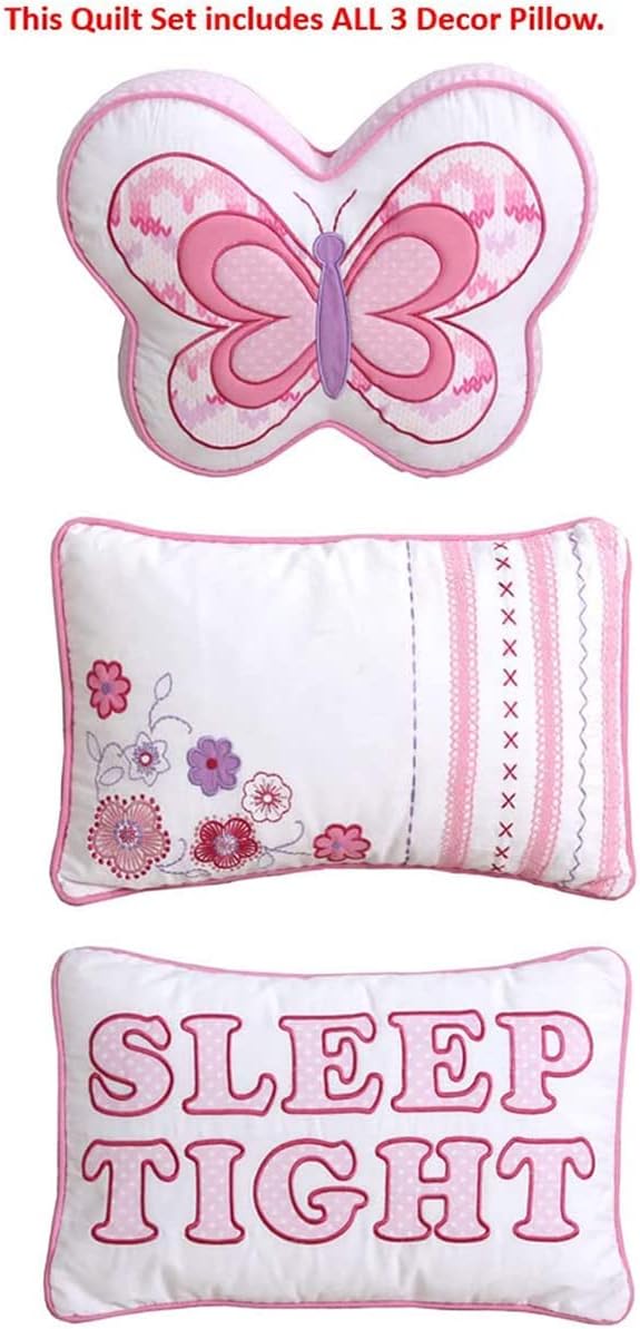Cozy Line Home Fashions Pink Butterfly Knit 100% Cotton Reversible Quilt Bedding Set, Coverlet, Bedspreads (Twin - 5 Piece: 1 Quilt + 1 Standard Sham + 3 Decorative Pillows)