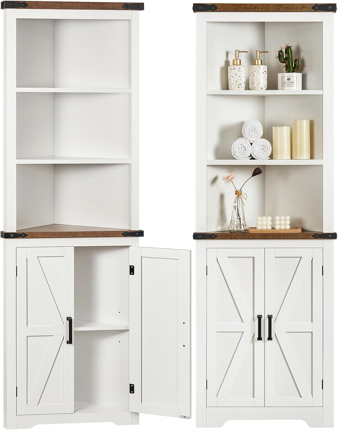 TEENFON Farmhouse Corner Cabinet, 70' H Tall Corner Hutch with 5 Shelves & 2 Barn Doors, Bathroom Cabinet with Adjustable Shelf, for Living Room, Kitchen, Bathroom, White