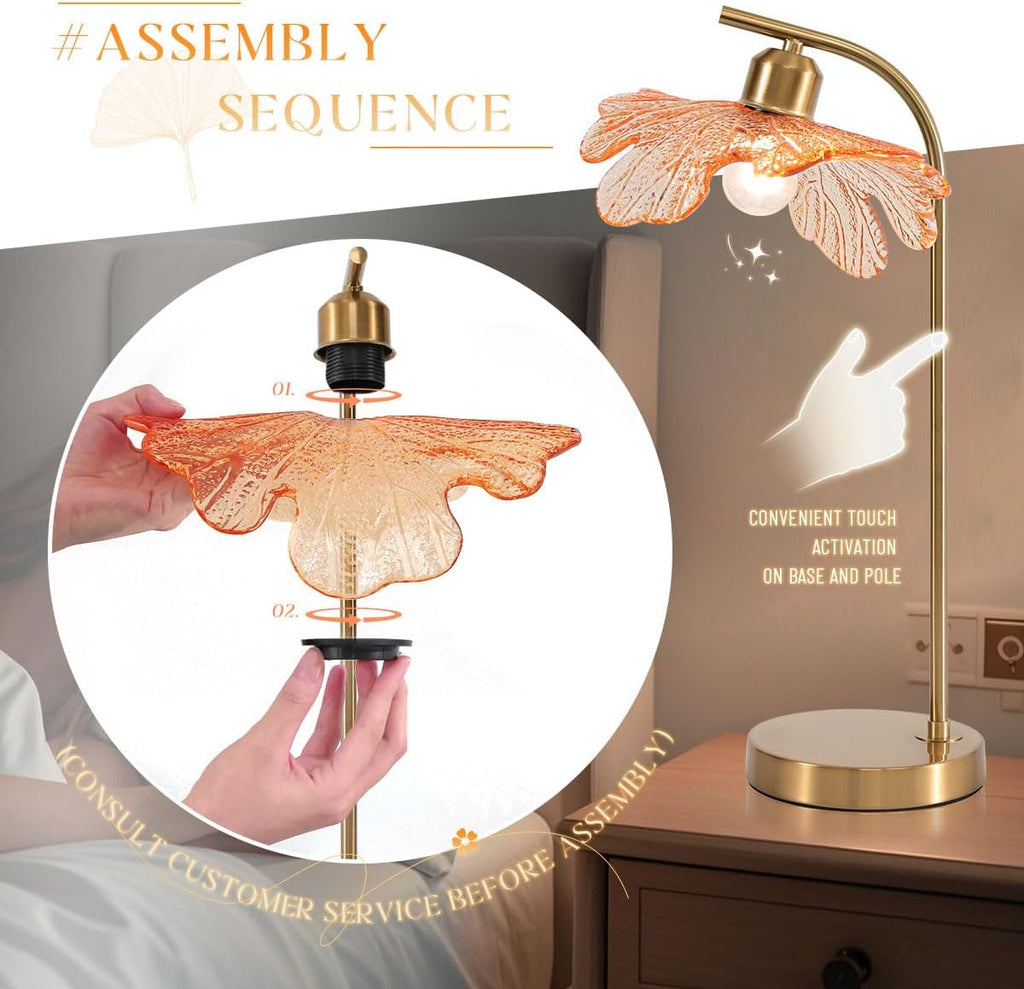 Mid Century Modern Table Lamps 2-Pack with Touch Switch, 18.9-inch Tall Gold Nightstand Lamps Amber Glass Bedside Lamps for Living Room Bedroom Office