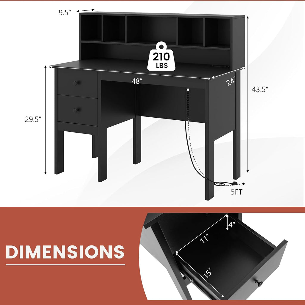 Tangkula Black Desk with Drawers & Hutch, Modern Home Office Desk with Power Outlets, USB Ports & Type-C, Writing Study Desk with 5-Cubby Hutch, Computer Workstation Makeup Vanity Desk