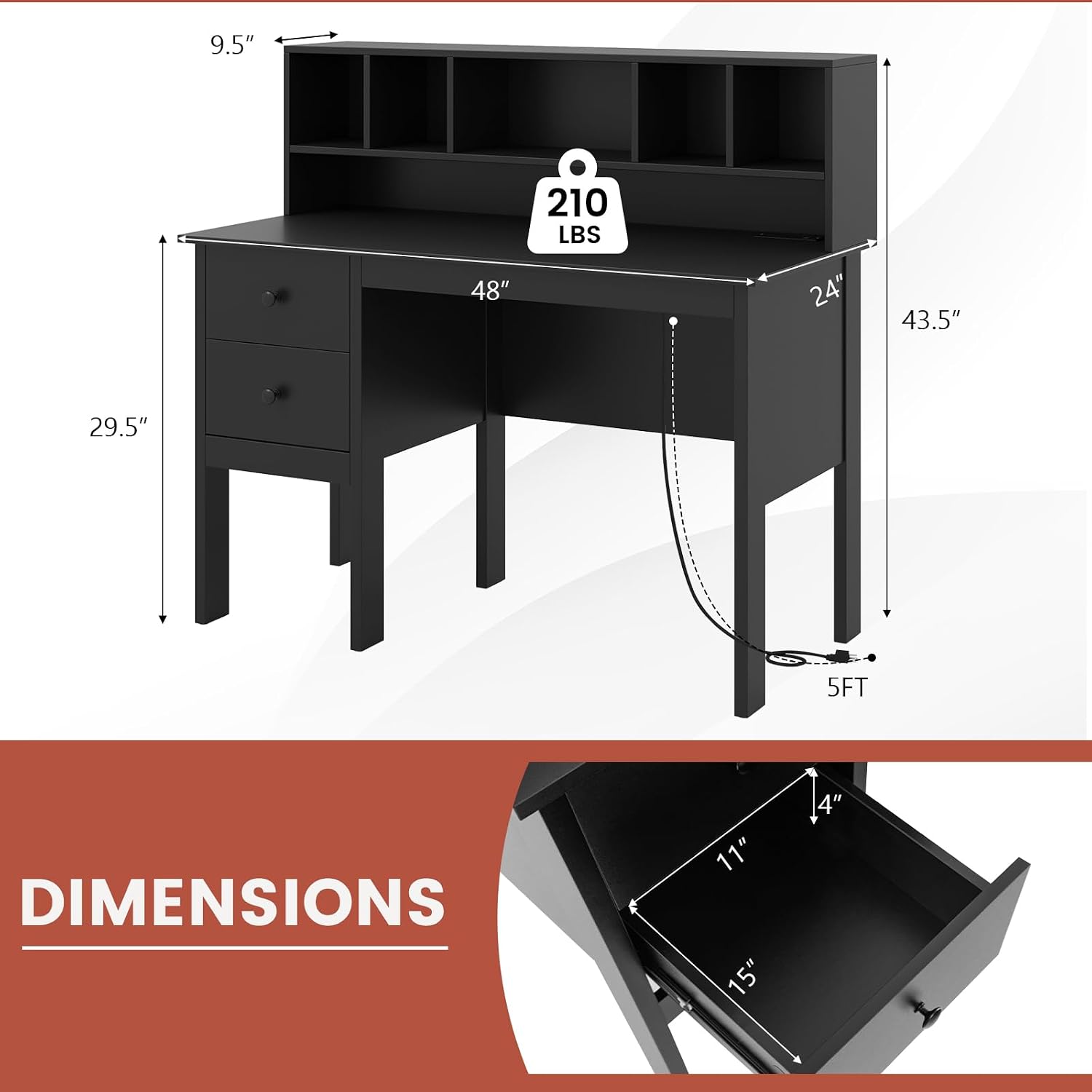 Tangkula Black Desk with Drawers & Hutch, Modern Home Office Desk with Power Outlets, USB Ports & Type-C, Writing Study Desk with 5-Cubby Hutch, Computer Workstation Makeup Vanity Desk