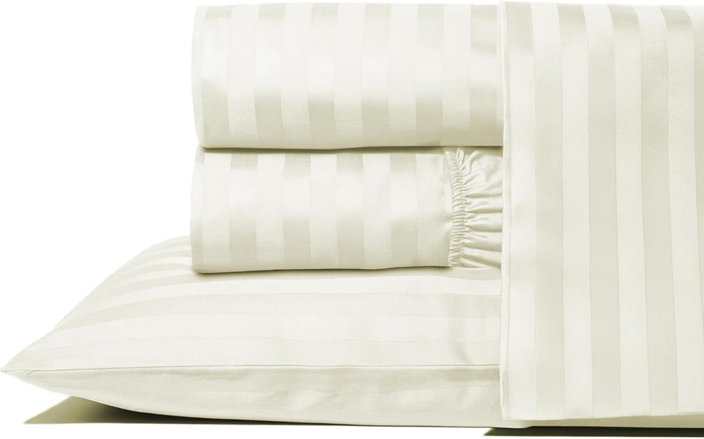THREAD SPREAD Queen Sheet Set, Luxury 1000 Series Paradise Collection 100% Egyptian Cotton Damask Striped Bed Sheets Queen Size (4 PC, Ivory Stripe), Cooling 16' Deep Pocket Hotel Sheet Set