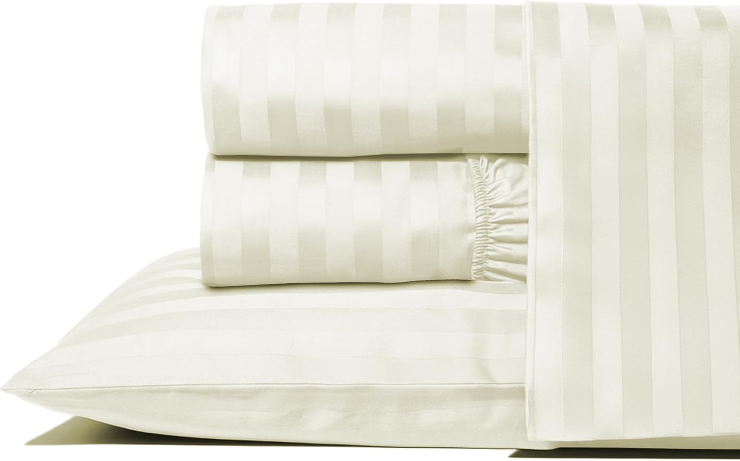 THREAD SPREAD Queen Sheet Set, Luxury 1000 Series Paradise Collection 100% Egyptian Cotton Damask Striped Bed Sheets Queen Size (4 PC, Ivory Stripe), Cooling 16' Deep Pocket Hotel Sheet Set