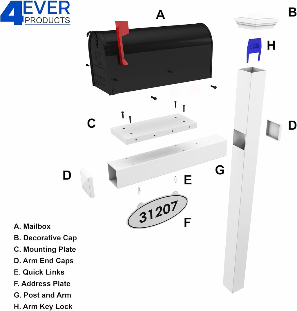 4Ever Products The Jackson Complete Mailbox System - Vinyl/PVC Post (includes Mailbox) Decorative Curbside Postal Solution with Classic Traditional Style and Hanging Address Plate (Black Mailbox)