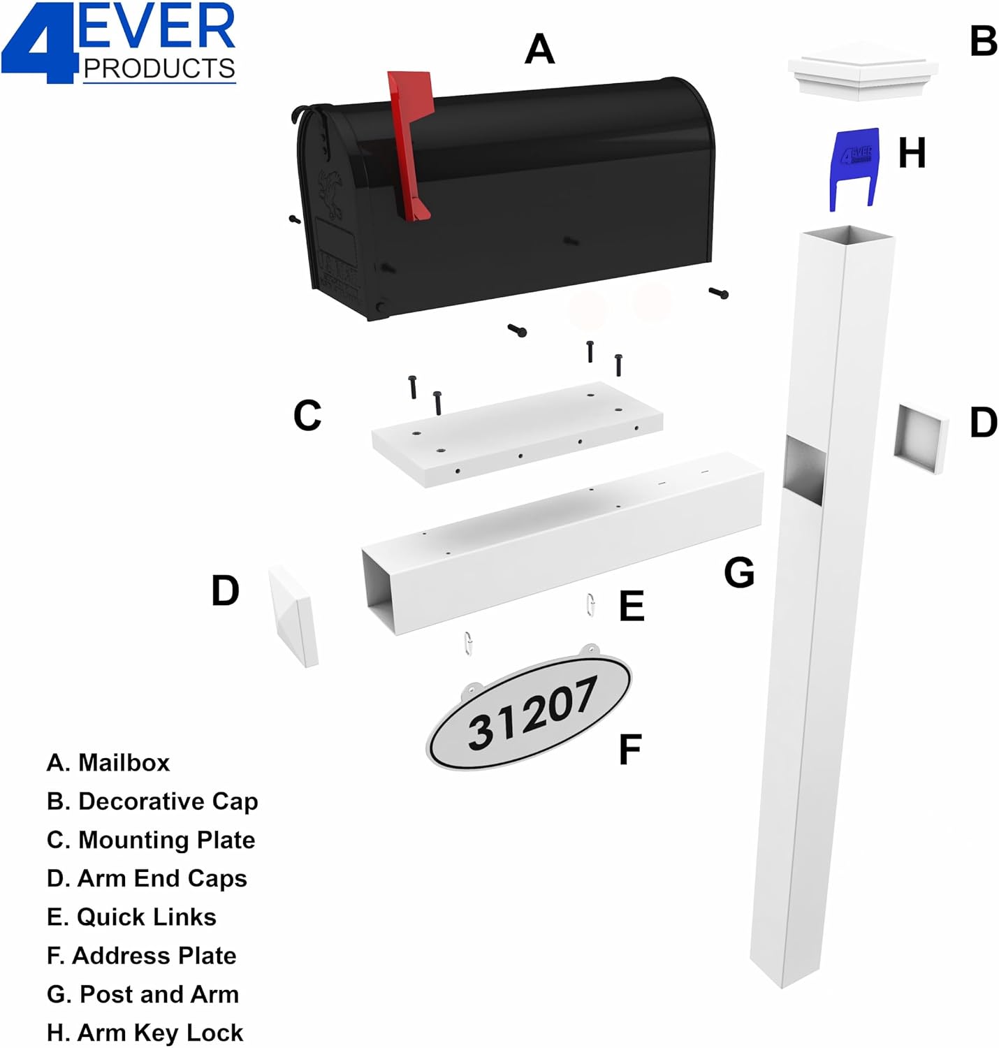 4Ever Products The Jackson Complete Mailbox System - Vinyl/PVC Post (includes Mailbox) Decorative Curbside Postal Solution with Classic Traditional Style and Hanging Address Plate (Black Mailbox)