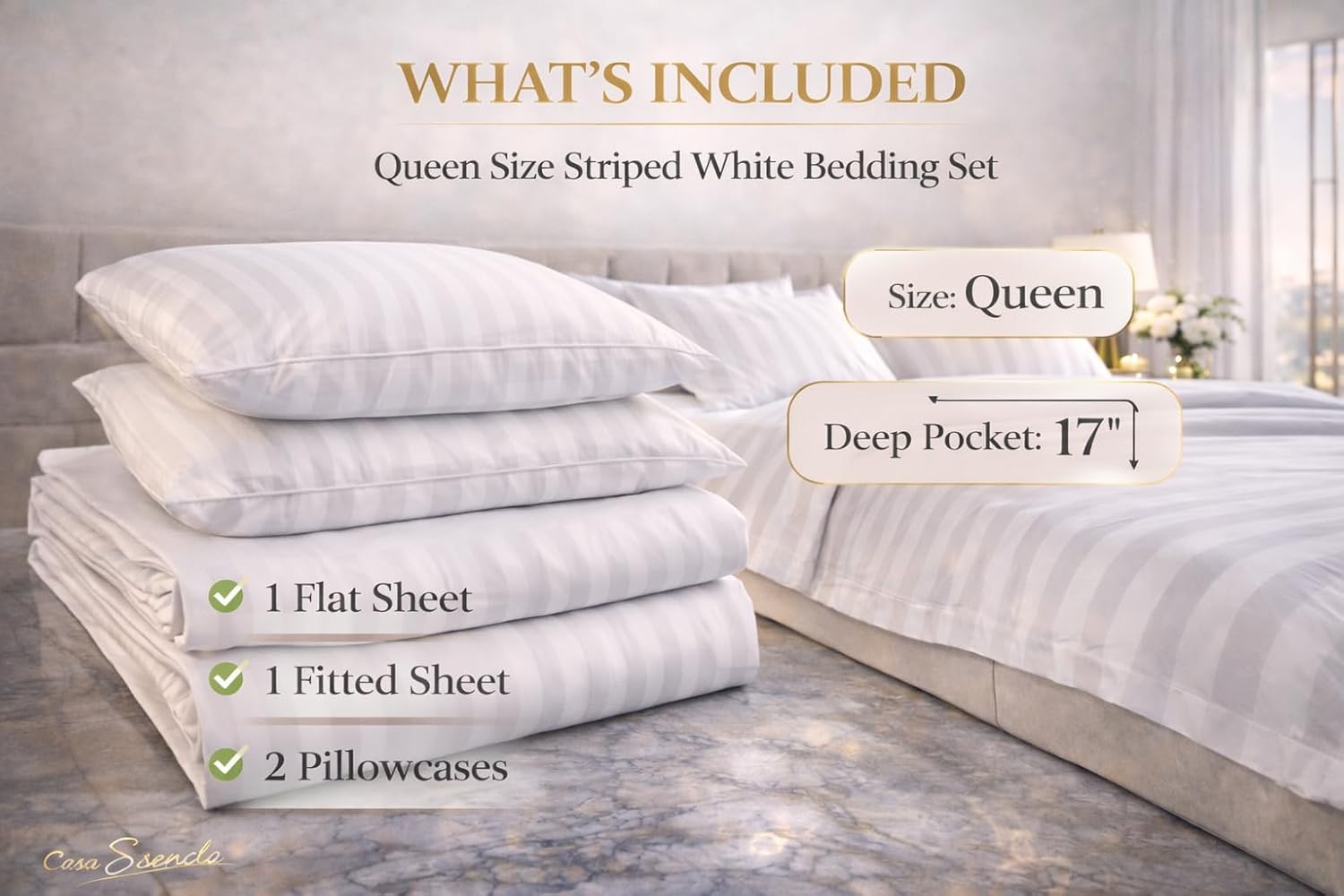 CASA ESENCIA 100% Egyptian Cotton Sheets Queen Size – 1000 Thread Count Luxury Hotel Sateen Weave Sheet Set, Soft & Breathable, 17' Deep Pocket, 4-Piece White Striped Bedding, All-Season Comfort