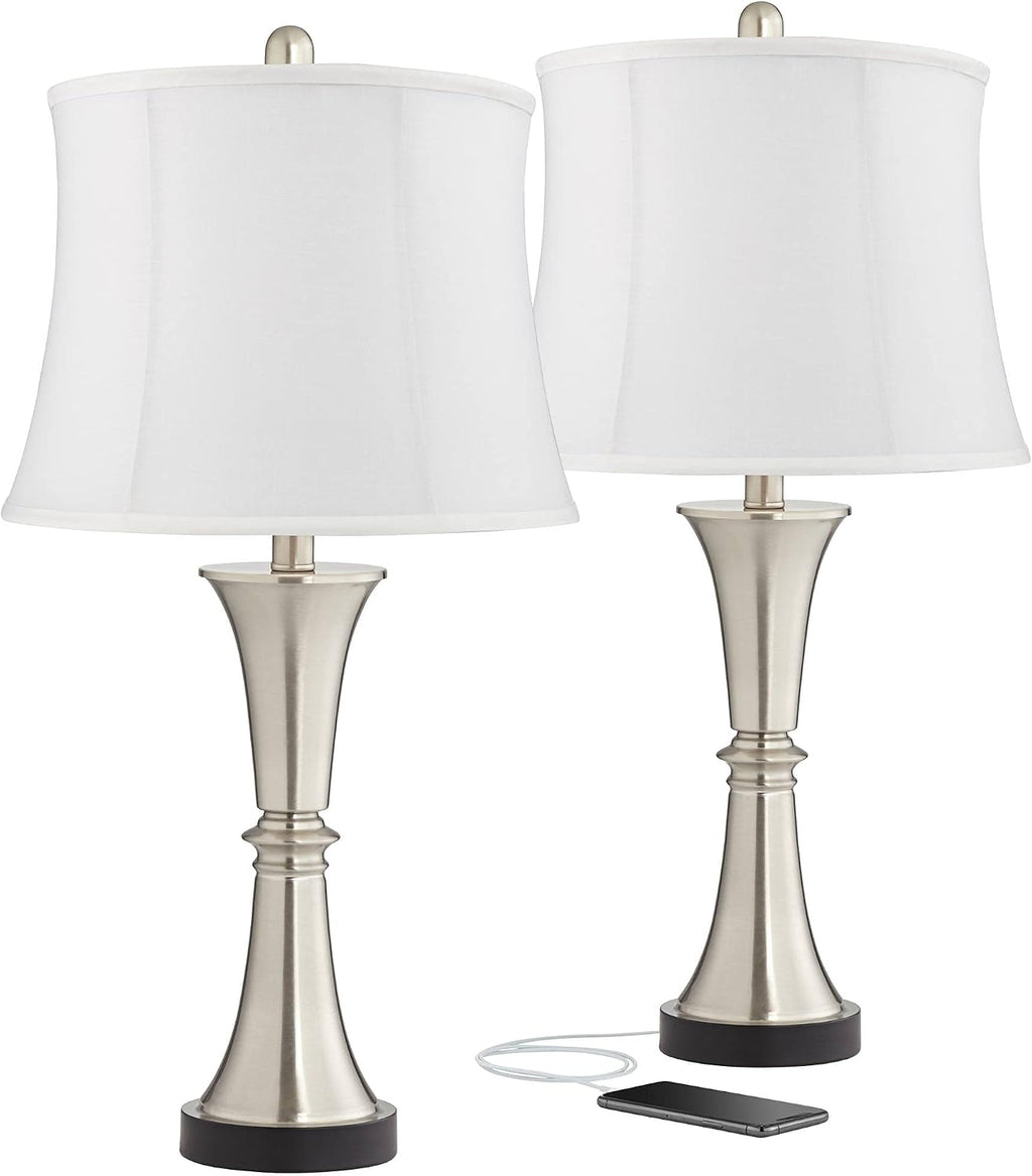 360 Lighting Seymore Modern Table Lamps 26' Tall Set of 2 with USB Charging Port Silver LED Touch On Off White Softback Drum Shade for Bedroom Living Room House Home Desk Bedside Nightstand