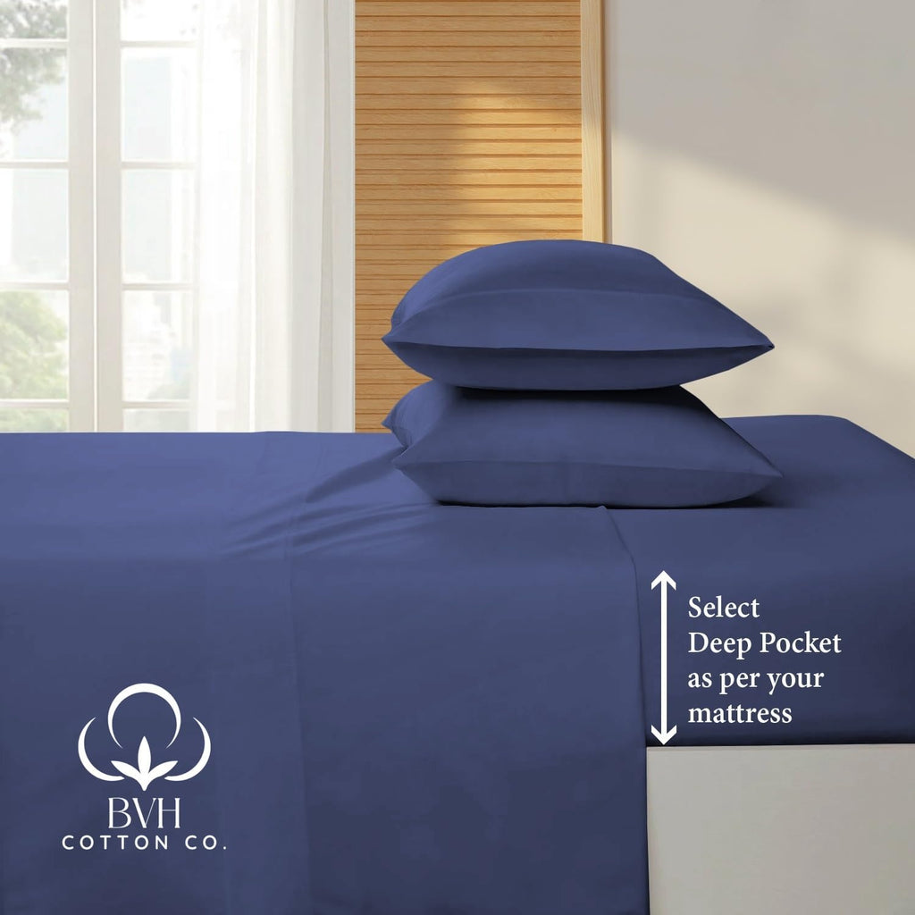 Egyptian Cotton Queen Size Sheet Set, 4Pc Bed Set, Soft & Breathable Percale Weave, Fits 10-12' Deep Pocket, Hotel-Quality 1000 Series Bed Sheets (Solid, Medium Blue)