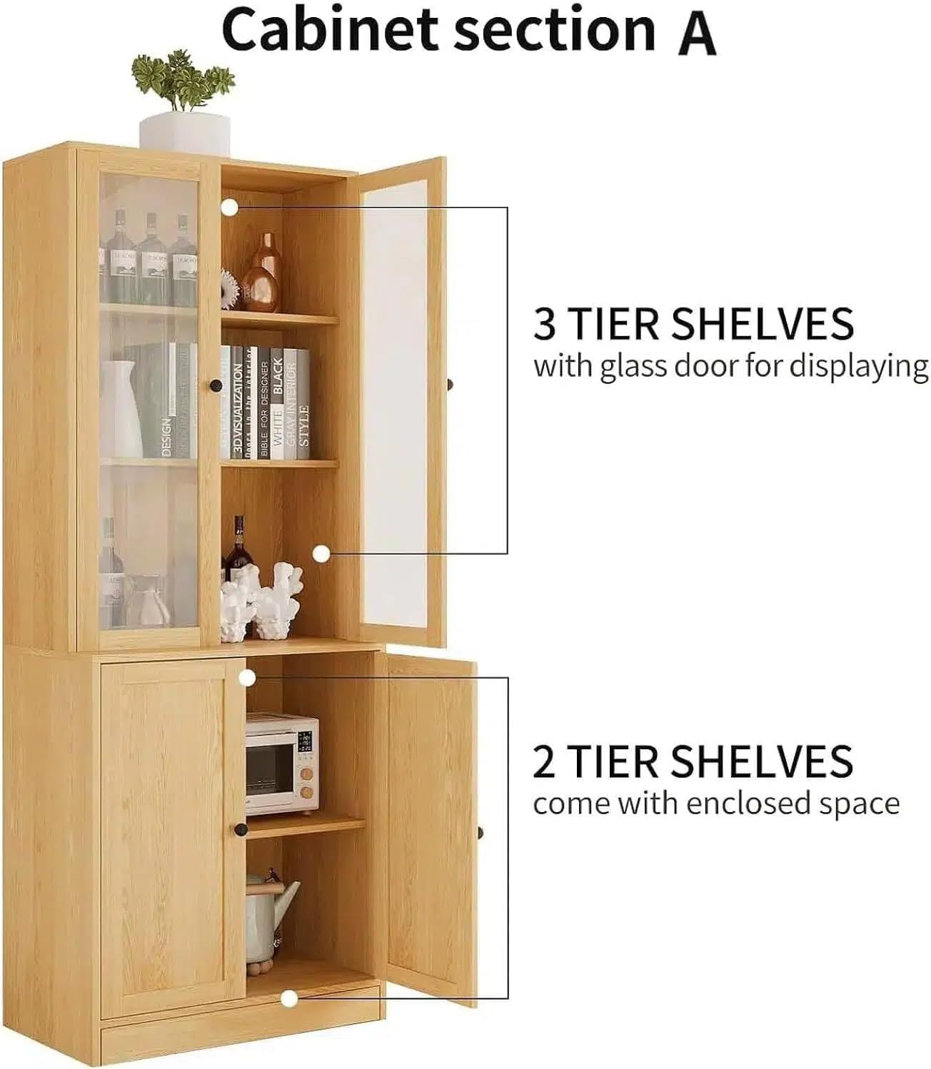 TUSY 71' H Bookshelf with Storage, 6-Tier Modern Bookshelves with 3 Large Drawer, Display Bookcase with Glass Doors, Modern 5-Tier Curio Cabinet for Home Office, Dining Room (Wood, AB)