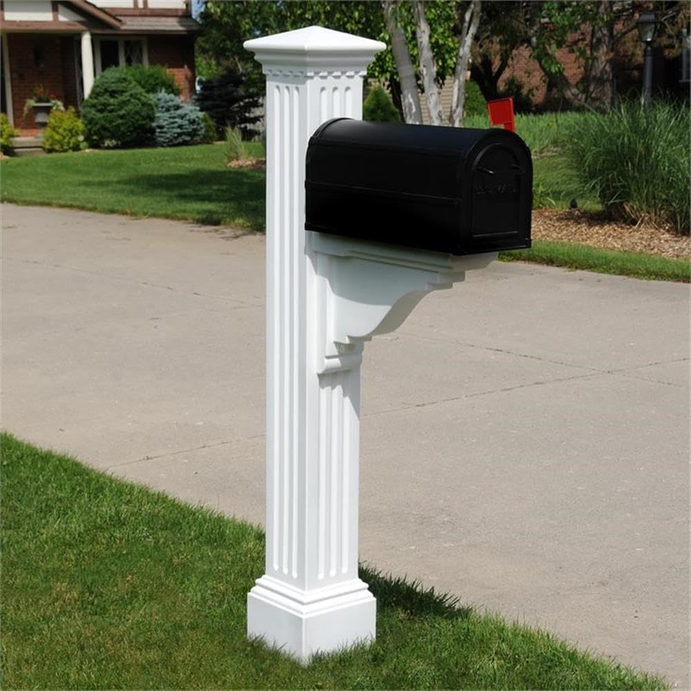 Pemberly Row Weatherproof Plastic Mail Post, 58' H x 9' W x 26' D, White Finish, Fluted Design, UV-Resistant Polyethylene Resin, Holds Up to 16 lb Mailbox, Traditional Style for Residential or