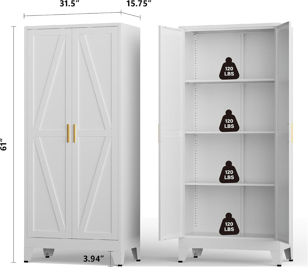 Metal Kitchen Pantry Cabinet, 61' White Farmhouse Storage Cabinet with 2 Vintage Barn Doors and 3 Adjustable Shelves, Rustic Freestanding Cupboard for Kitchen,Home Office Living Room,Dining Room