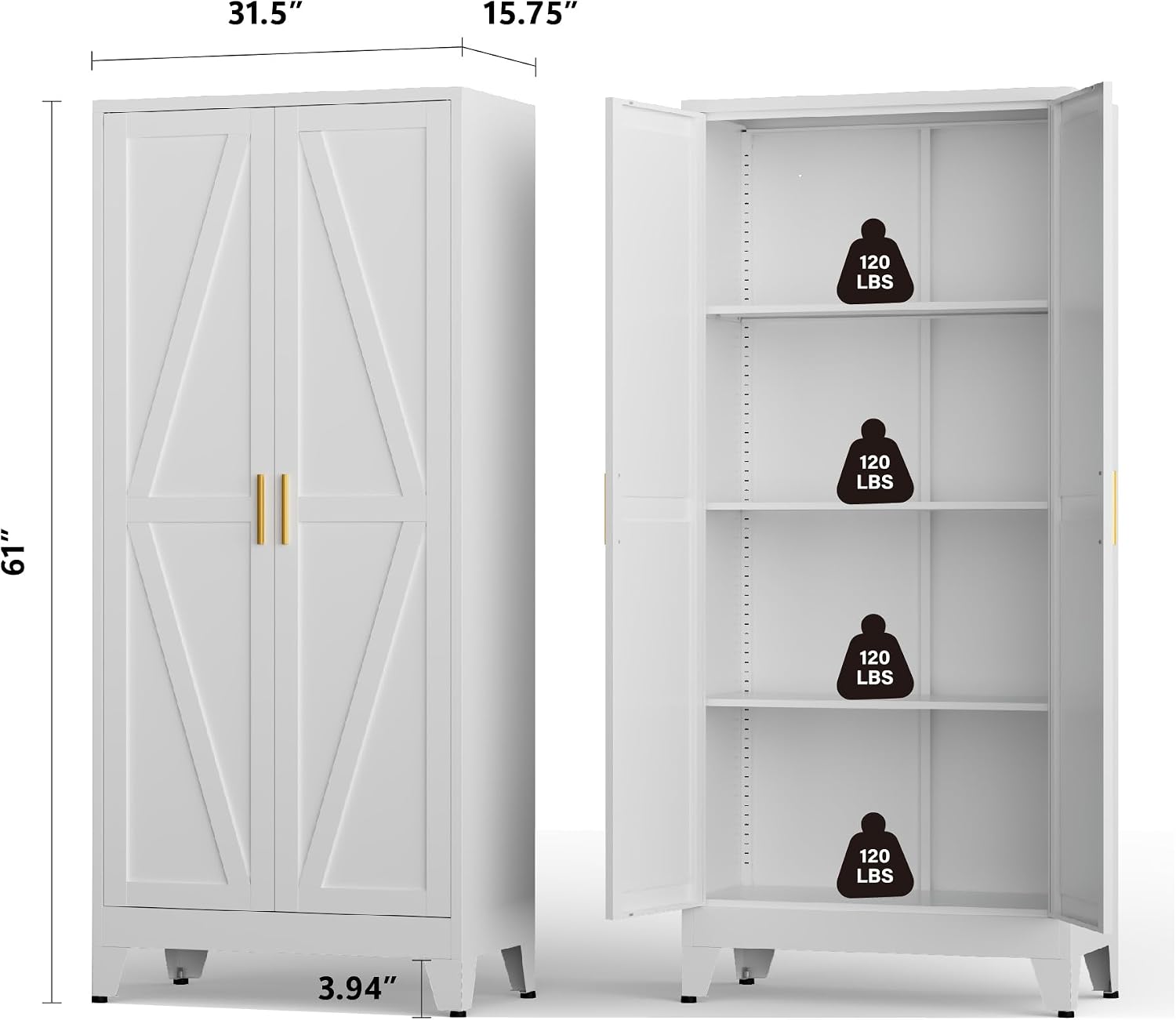 Metal Kitchen Pantry Cabinet, 61' White Farmhouse Storage Cabinet with 2 Vintage Barn Doors and 3 Adjustable Shelves, Rustic Freestanding Cupboard for Kitchen,Home Office Living Room,Dining Room