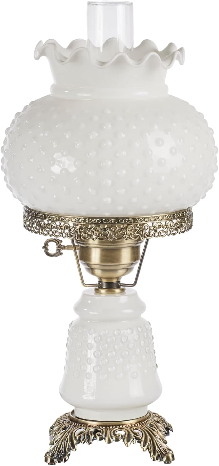 Touch of Class Mindy Hobnail Glass Table Lamp - White Shade - Handcrafted Globe - Blown by Hand - Hurricane Chimney Style - Victorian Lamps for Desk, Bedroom, Living Room