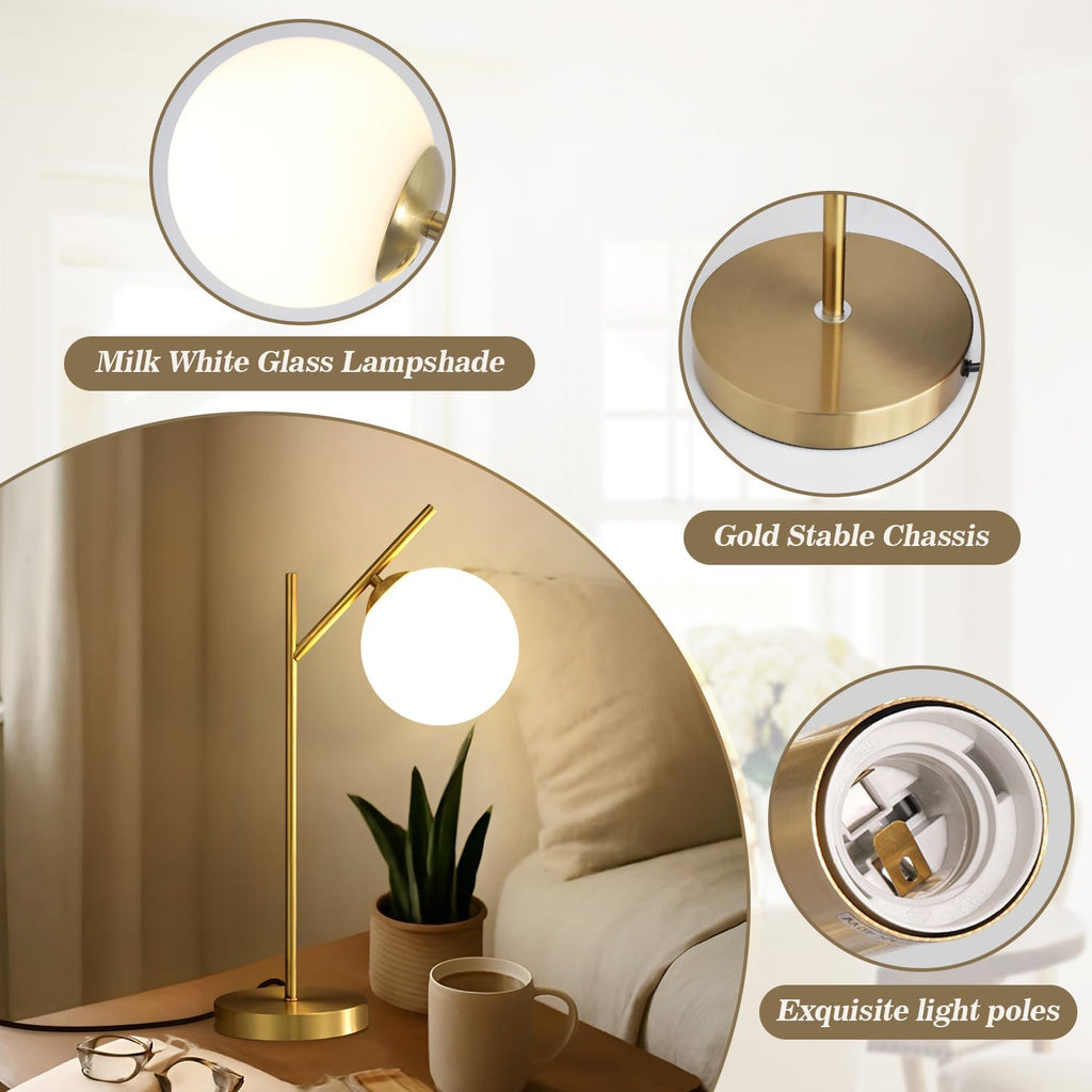 Globe Table Lamp Set of 2, Brass Glass Globe Desk Lamp with Milky White Glass Shade, Contemporary Metal Bedside lamp for Bedroom Living Room Study Room