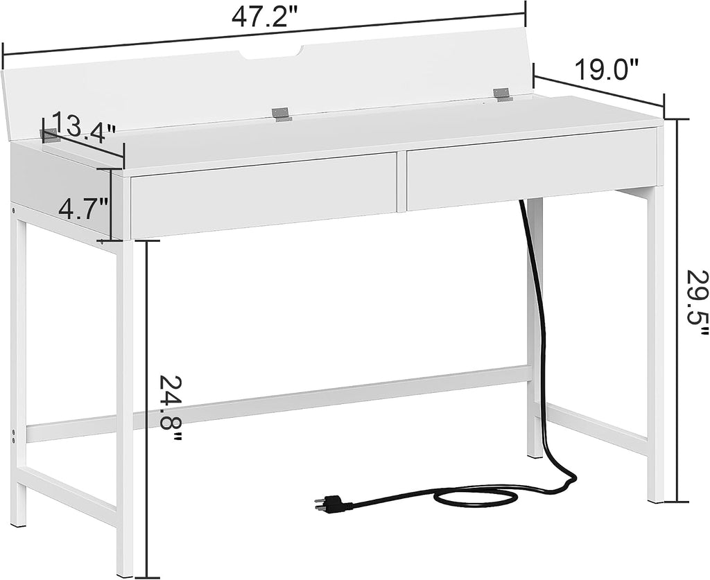 Treocho White Desk with USB Charging Ports and Power Outlets, Modern Simple 47 inch Computer Desk with 2 Drawers, Vanity Table, Makeup Table for Home Office, Bedroom
