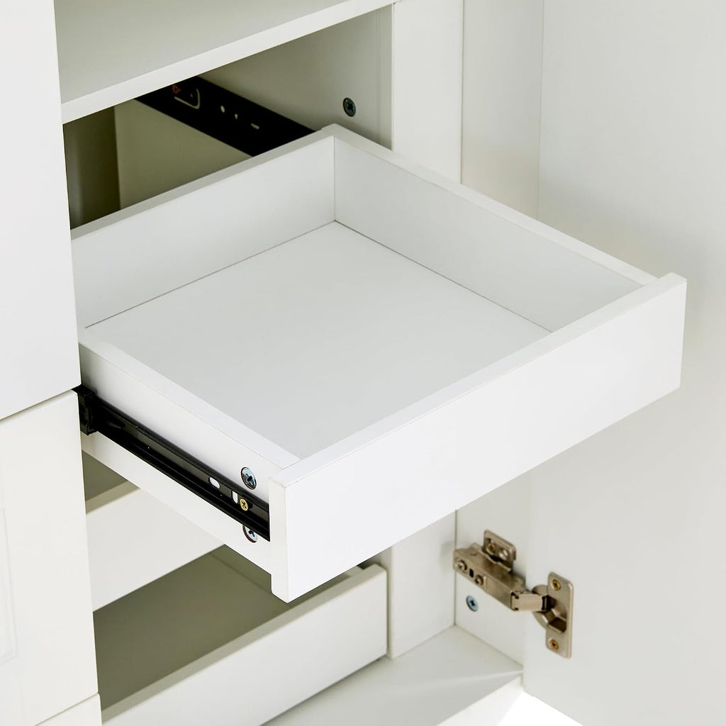 Modern Large Kitchen Pantry with 6 Doors, 53.2''Lx17.7''W Wood Storage Cabinet Cupboard with Drawers, Adjustable Shelves, Pull-Out Trays and Wine Rack for Dining Room (White-4.19)