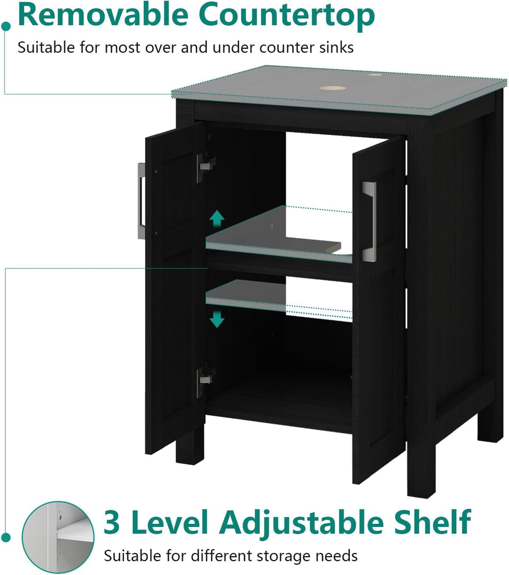 YOURLITE 24 Inches Traditional Bathroom Vanity Set with Single Faucet Hole, Clear Boat Glass Sink, Black Finish, 2-Door Cabinet