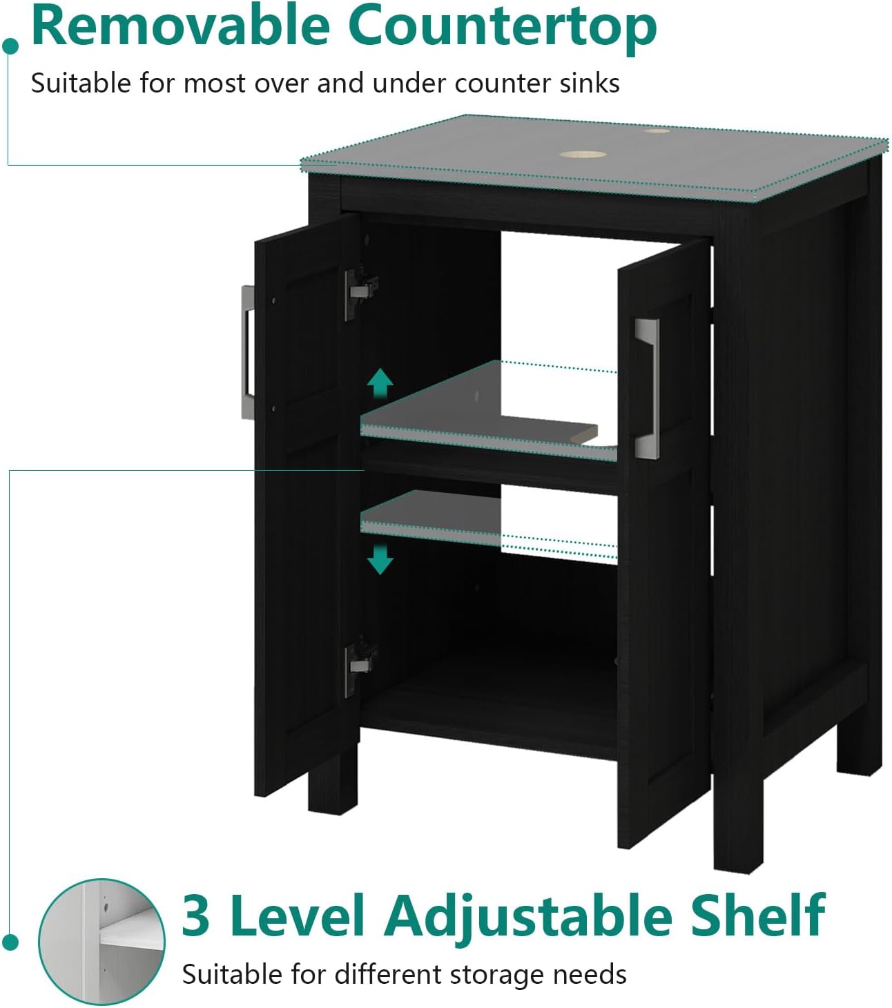 YOURLITE 24 Inches Traditional Bathroom Vanity Set with Single Faucet Hole, Clear Boat Glass Sink, Black Finish, 2-Door Cabinet