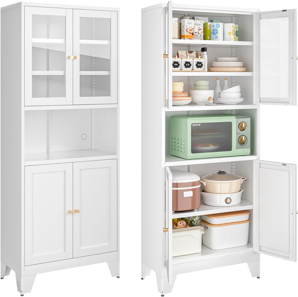 Bevivog 69' Pantry Cabinet,Tall Metal Storage Cabinet with 2 Glass Doors, Freestanding Display Cupboard Tall Bathroom Linen Cabinets with 5 Shelves Storage for Living Room Kitchen Pantry
