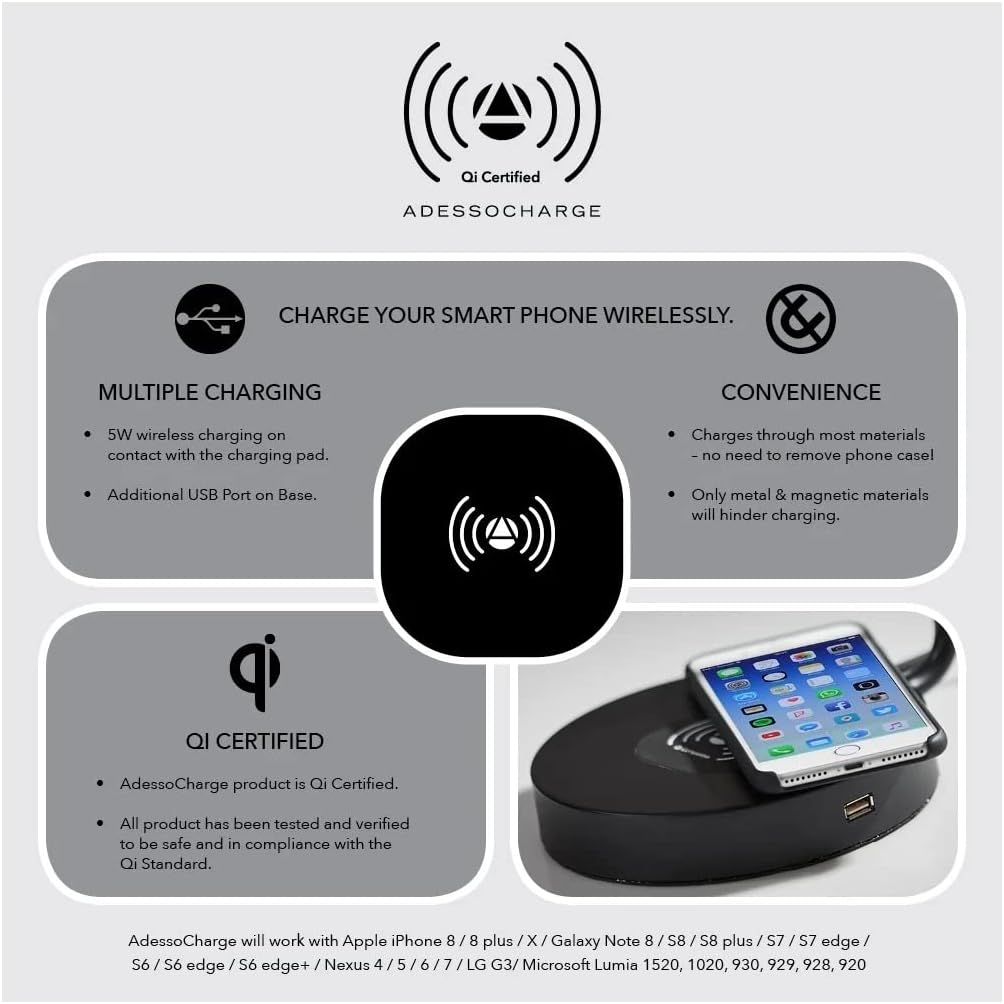 Adesso 4220-01 Aidan LED Desk Lamp Wireless Charging, 7W LED, 5W QI, USB Port, Indoor Lighting Lamps , Black