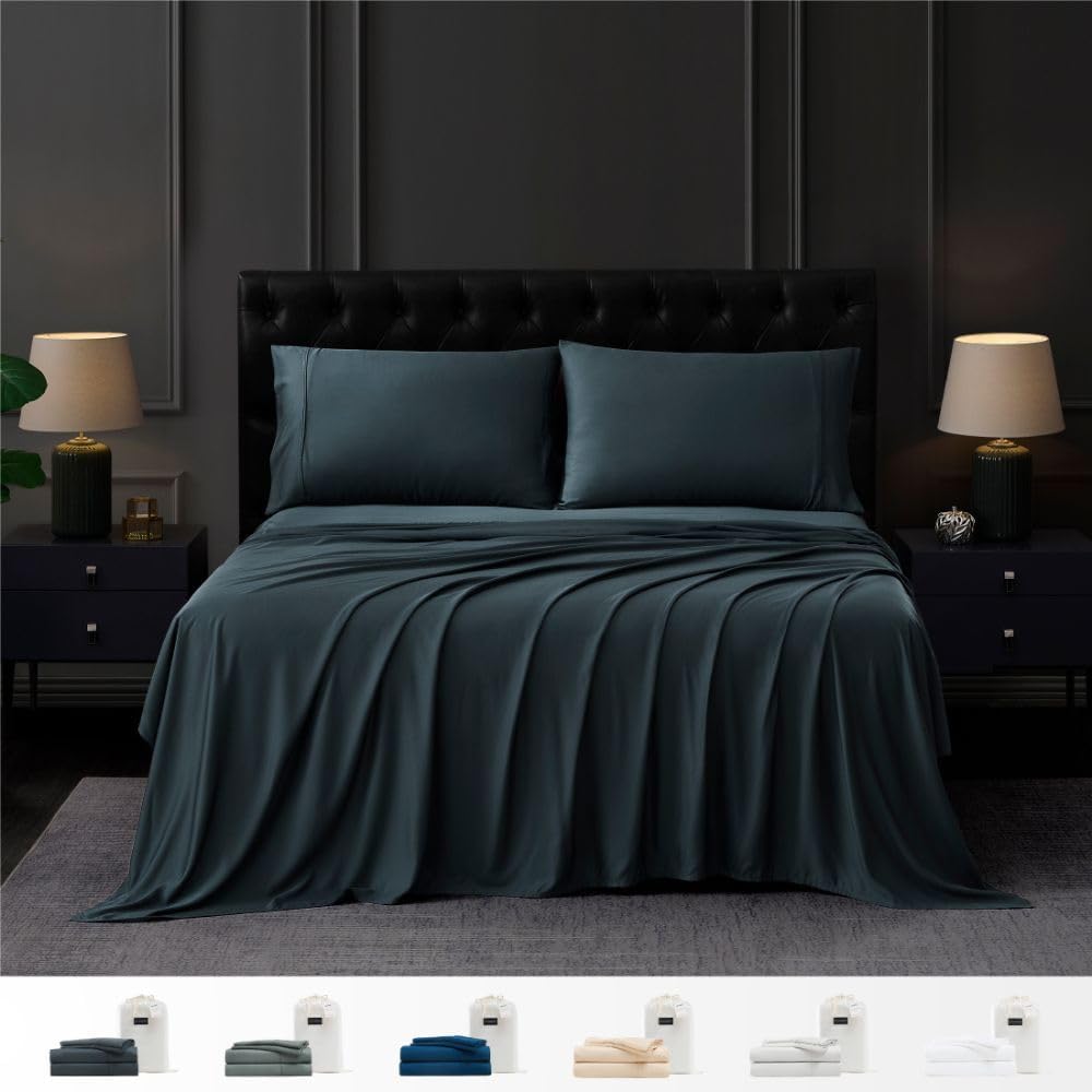 Coldest 100% Organic Viscose Derived from Bamboo Sheets, Luxury Ultra Soft & Cooling, Deep Pocket, Double Stitching - Ideal for Hot Sleepers - Queen Size 5 Pieces Set