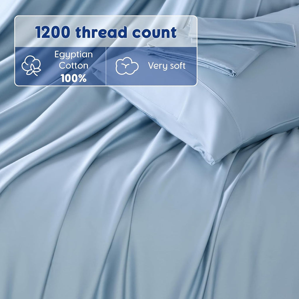 SONORO KATE 100% Egyptian Cotton Sheets - 1200 Thread Count, Luxury & Cooling Hotel Cotton Bed Sheets Set 4 Piece, Sateen Weave for Soft Feel, Fits Upto 16' Mattress (French Blue, Queen)