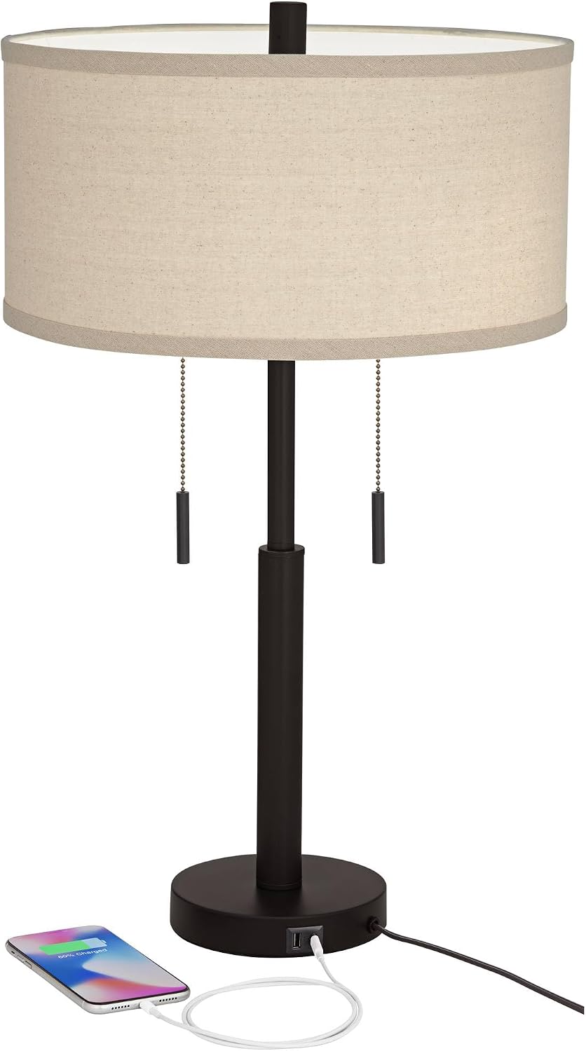 Franklin Iron Works Bernie Industrial Nightstand Table Lamp 25' High Set of 2 with Hotel Style USB Charging Port Rich Bronze Metal Fabric Drum Shade for Living Room Desk Bedroom House Bedside Home
