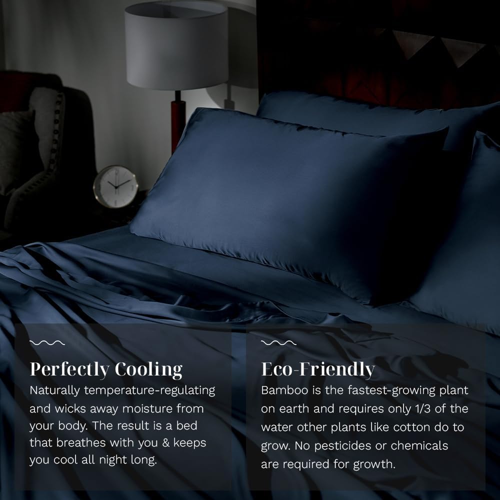 LUXOME Luxury Sheet Set | 100% Rayon (Viscose) from Bamboo | Queen Size - Navy | Deep Pockets | 4-Piece Set (Fitted, Flat, 2 Pillowcases)