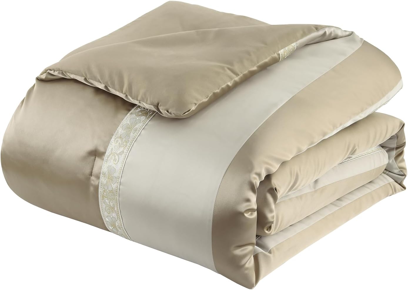 Finlonte Queen Size Comforter Set, Champagne Beige, 7 Piece Bed in a Bag for All Seasons, Luxury Vintage Floral Jacquard Damask Patchwork, Soft Bedding Sets with Bedskirt, Shams and Decor Pillows